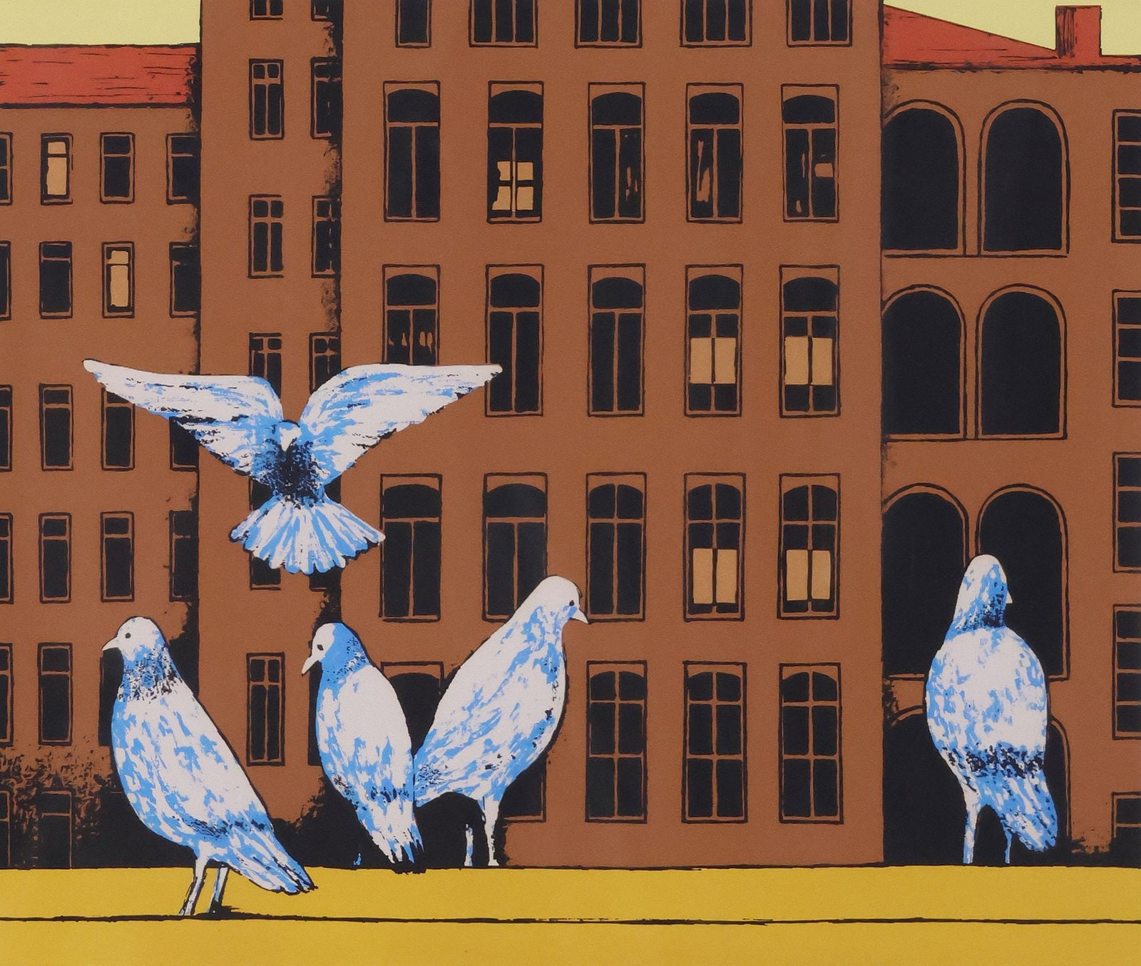 HERBERT ROBERT MEARS (1923-1999) SERIGRAPH PRINT, 'THE BLUE PIGEONS': Framed silkscreen print in colors on paper, "The Blue Pigeons," signed lower right Mears (Herbert Richard Mears, New York, Texas, 1923-1999), titled and numbered 44/ 100 lower left, sight: approx 17.5
