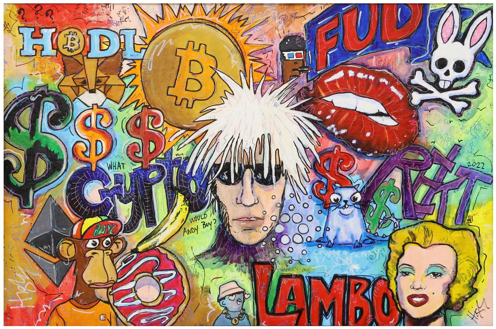 CINDY HIGBY (20TH C.) ACRYLIC & MIXED MEDIA, POP ART COMPOSITION, 24" X 36" (1 of 4)