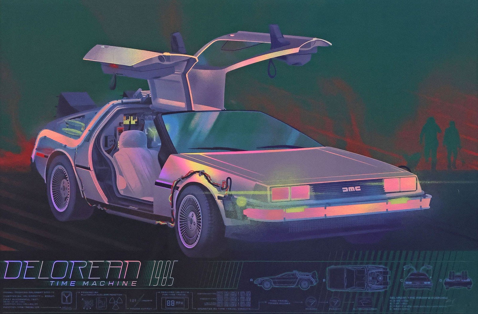 KEVIN TONG (TX, B.1988) 'DELOREAN TIME MACHINE' HAND-EMBELLISHED SERIGRAPH: Framed hand-embellished silkscreen print in colors on paper, "Back to the Future: Delorean Time Machine 1985," for the "Info-Rama" series, signed in print and initialed in pencil l