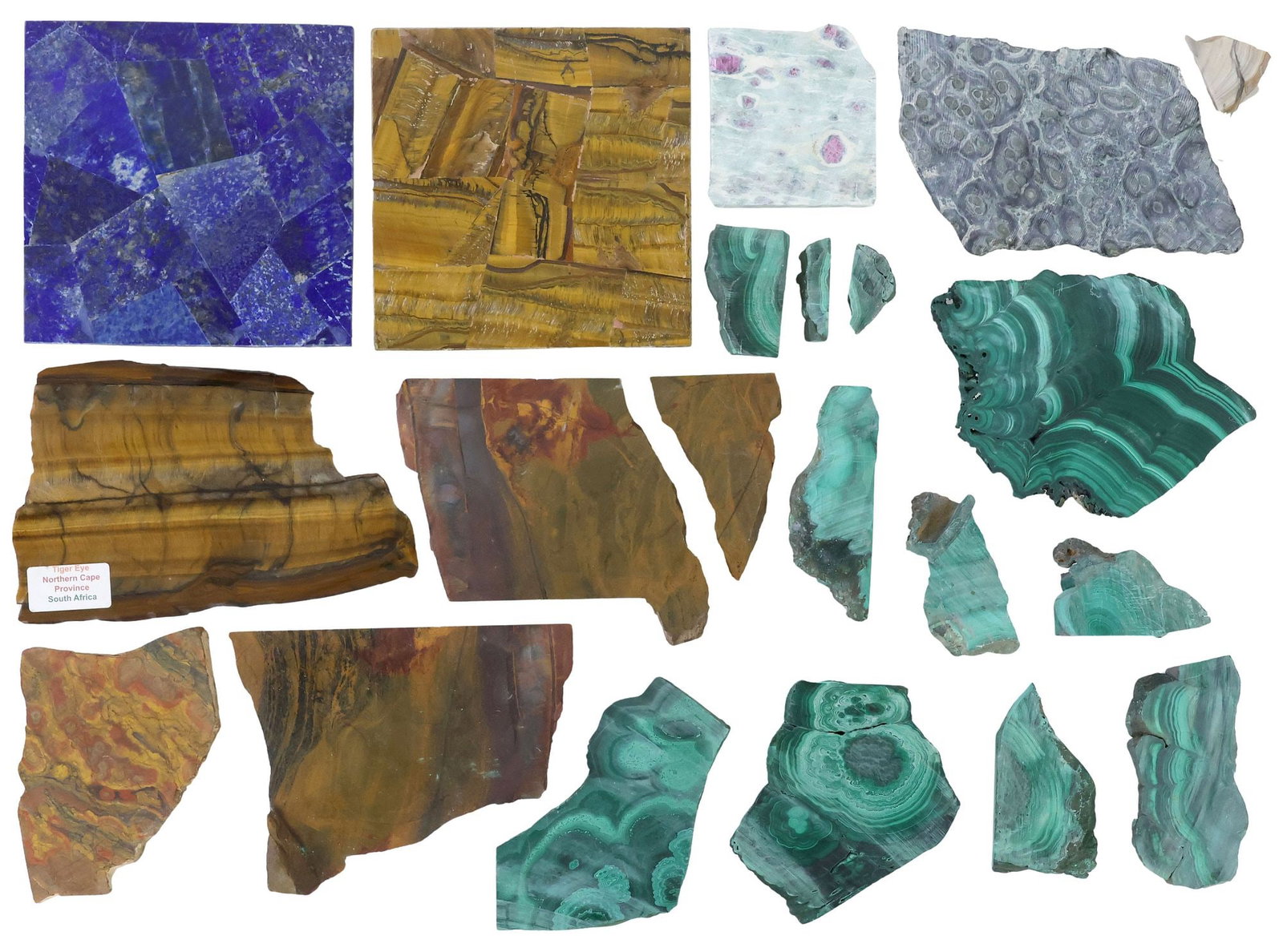 (21) COLLECTION OF GEOLOGICAL SPECIMENS, LAPIS, MALACHITE, TIGER'S EYE & OTHER: (lot of 21) Collection of geological specimens slabs, varied shapes and sizes, most being fragmentary, highlights include: (two) polished tiger's eye, one labeled "Northern Cape Province, Sou