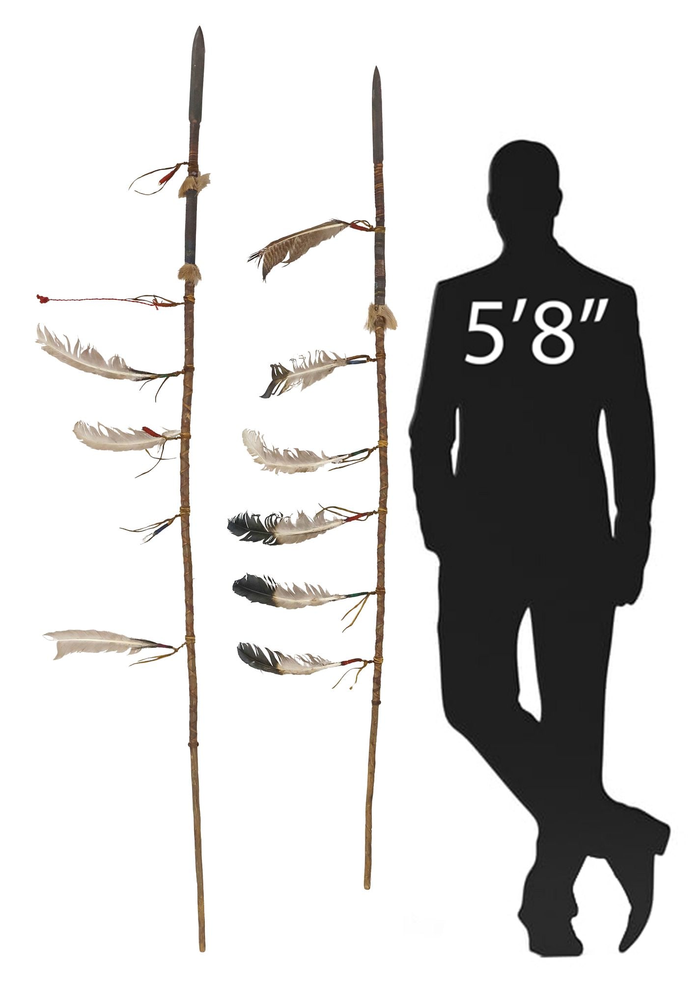 (2) DECORATIVE NATIVE AMERICAN STYLE LEATHER-WRAPPED WOOD SPEARS: (lot of 2) Large Native American style spear, each with forged iron blade affixed to long wood staff, bound with leather strapping, and hung with feathers, beaded handholds with cross motifs, largest: