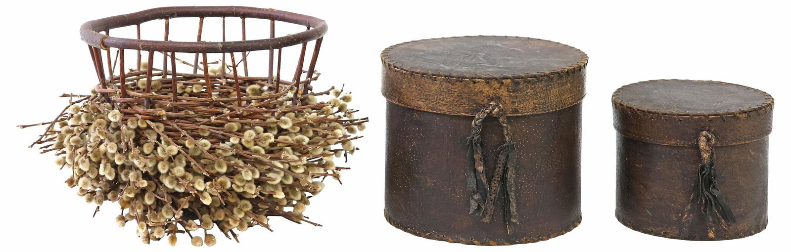 (3) RUSTIC BROWN LEATHER TABLE BOXES & WOVEN WILLOW BASKET (1 of 5)