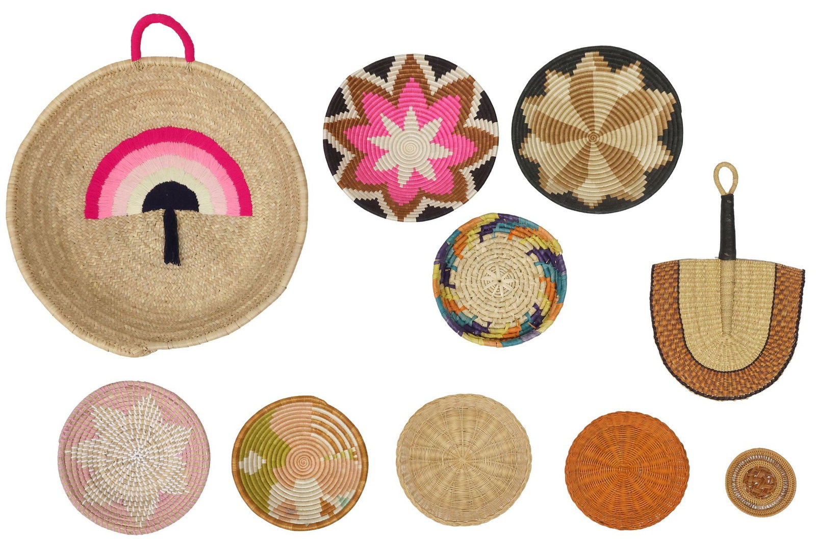 (10) MODERN DECORATIVE WOVEN BASKETS & FAN, LARGEST 24"DIAM: (lot of 10) Modern decorative woven items, 20th/ 21st c., including: (9) baskets, many with polychrome patterning, (1) fan, with contrasting trim, largest: approx 3.5"h, 24"diam, s