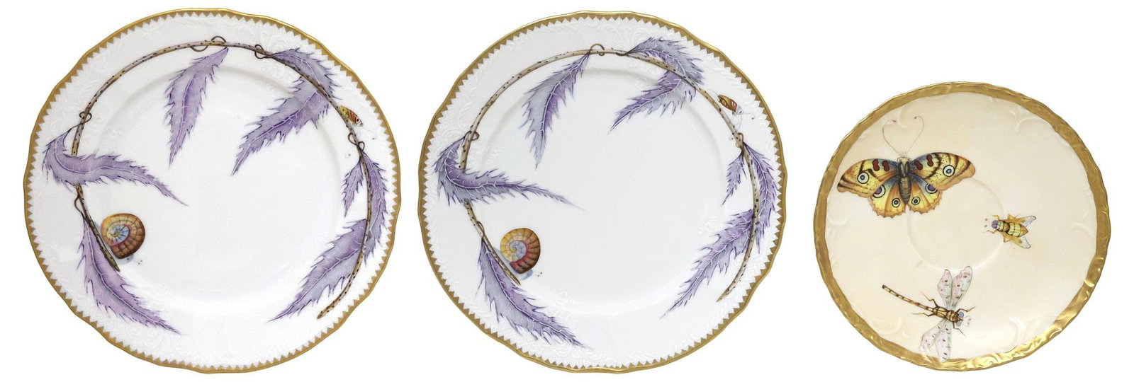 (3) ANNA WEATHERLEY PAINTED PORCELAIN 'THISTLE' PLATES & BUTTERFLY SAUCER: (lot of 3) Anna Weatherley Designs hand-painted porcelain plates, each with parcel-gilt trim, maker's mark underfoot, retaining partial Neiman Marcus retail tag, including: (pair) salad plates, in the