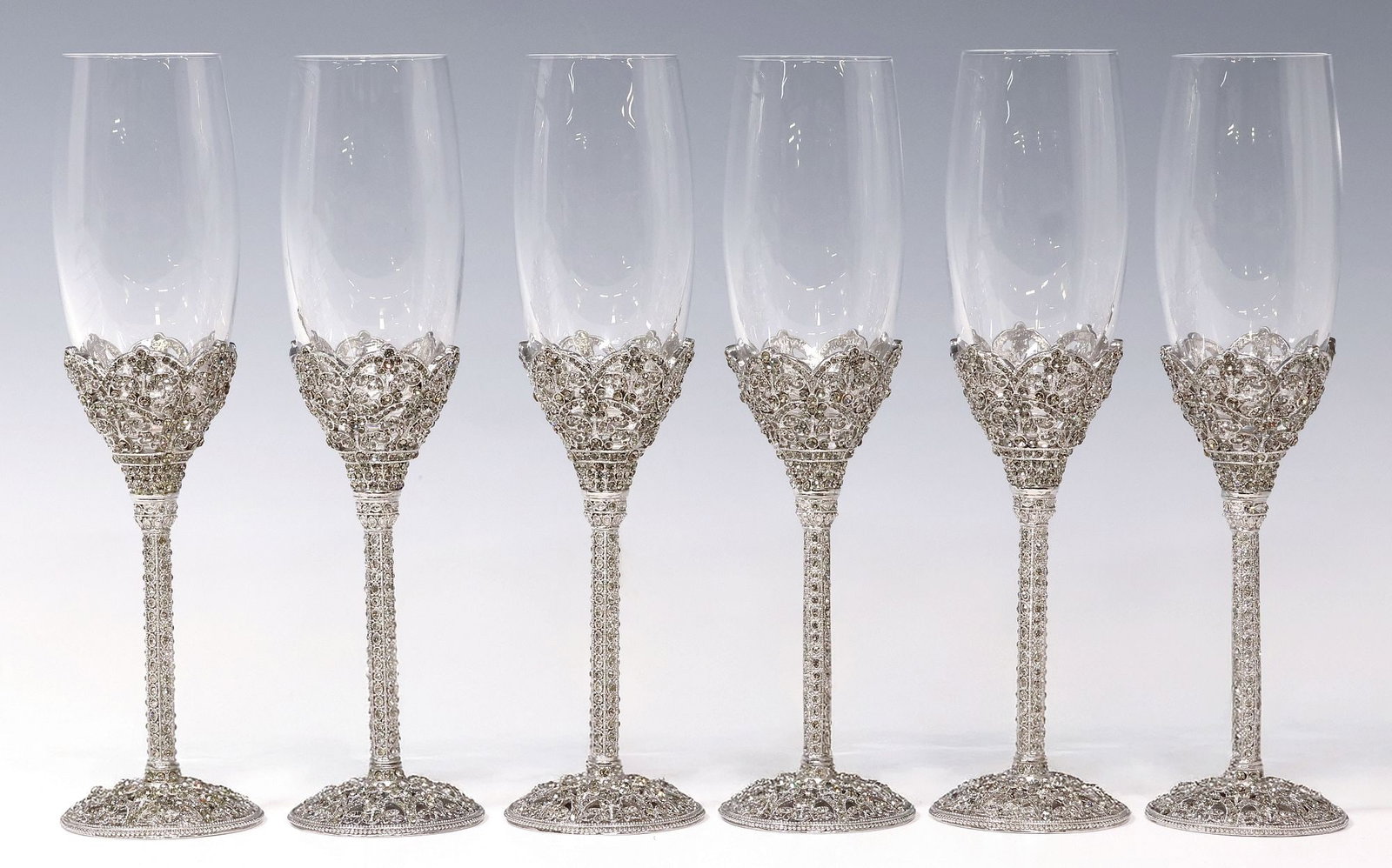 (6) OLIVIA RIEGEL DESIGNER GLASS & CRYSTAL-SET METAL CHAMPAGNE FLUTES (1 of 4)