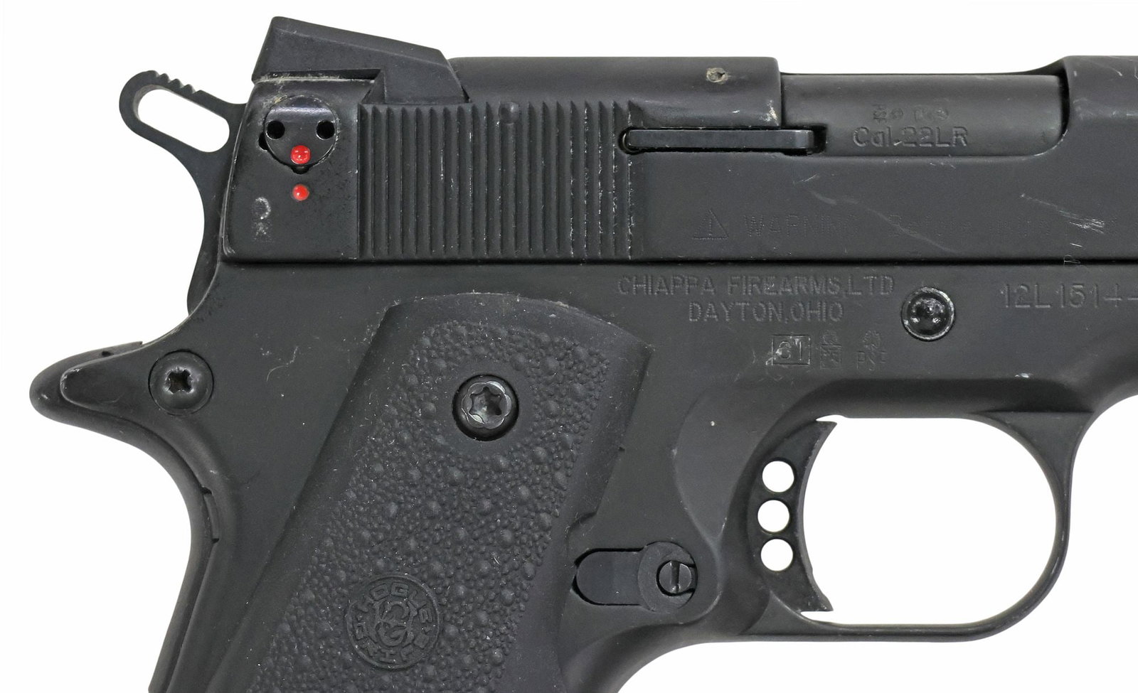 CHIAPPA CITADEL 1911-22LR PISTOL: Citadel Chiappa Firearms, Italy 1911-22 pistol, auto-load, black finish, .22LR caliber, 5" barrel, green fiber optic front sight, red fiber optic rear sights, left thumb safety, Hogue rubberized pebbl