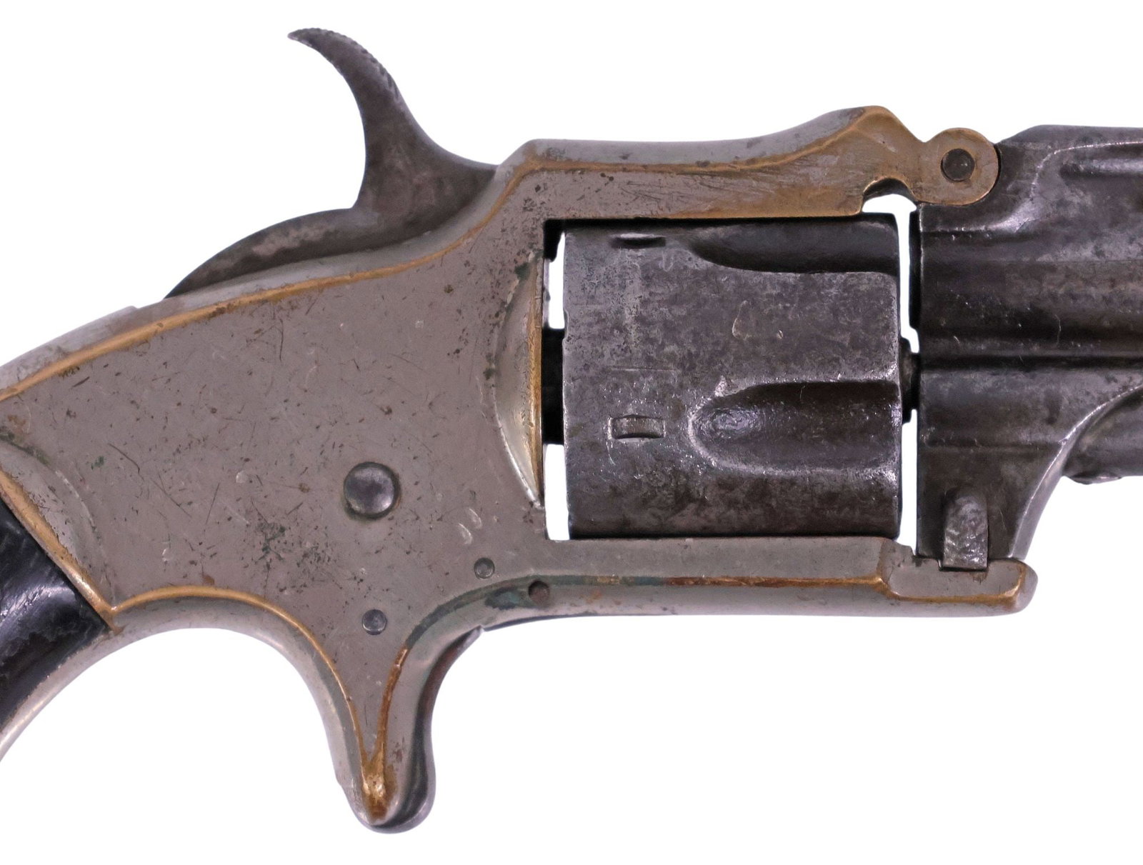 MARLIN XXX STANDARD 1872 POCKET REVOLVER: Marlin XXX Standard 1872 Pocket Revolver, mfg. 1873-1876,.30RF Short caliber, 3' tip up ribbed barrel marked at the top "XX Standard 1872 (hard to read), barrel marked at the left side "J.M. Marlin Ne