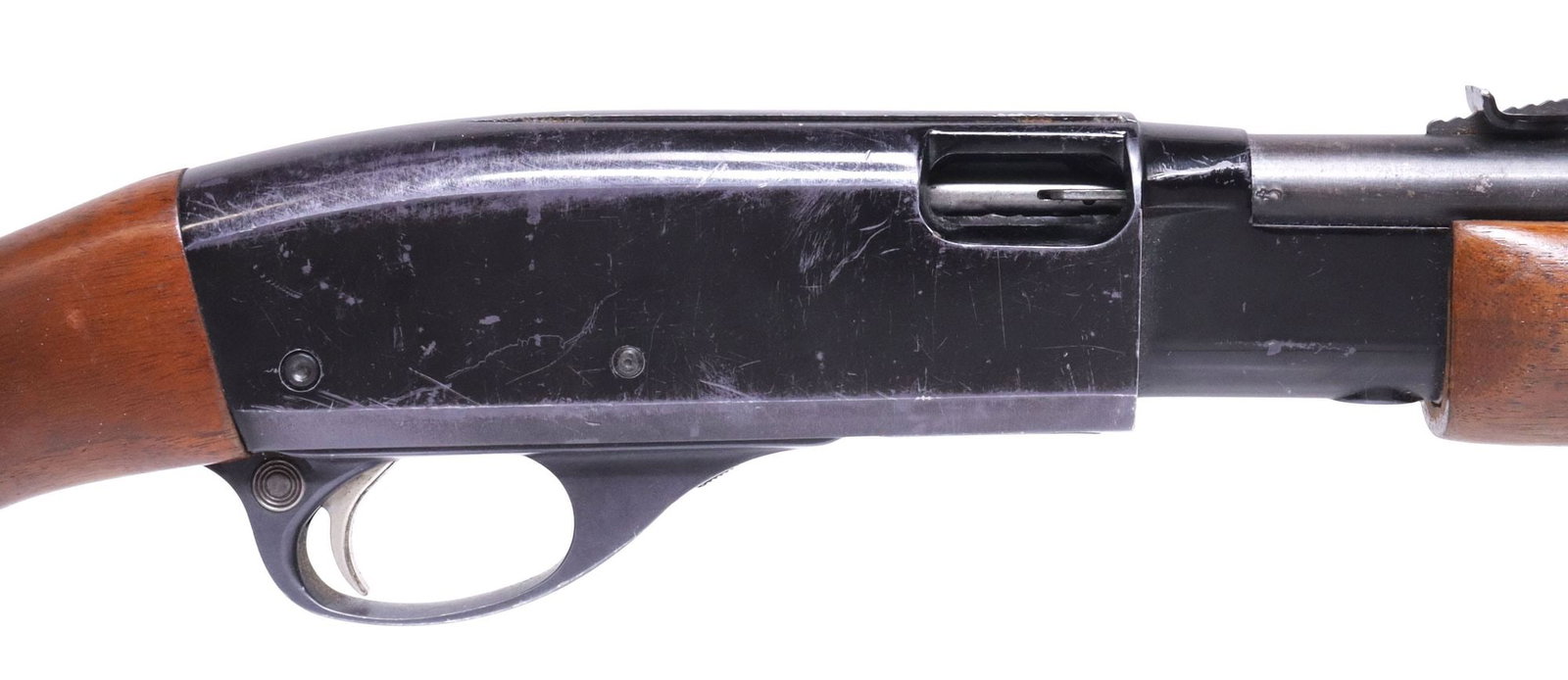 REMINGTON FIELDMASTER 572 RIFLE, .22S,L,LR CALIBER: Remington Model 572 Rifle, mfg. 1961, slide action, .22S,L,LR caliber, 23" barrel, blade front sight, tubular magazine, adjustable rear sight, silver tone trigger, safety at trigger guard, hardwood st