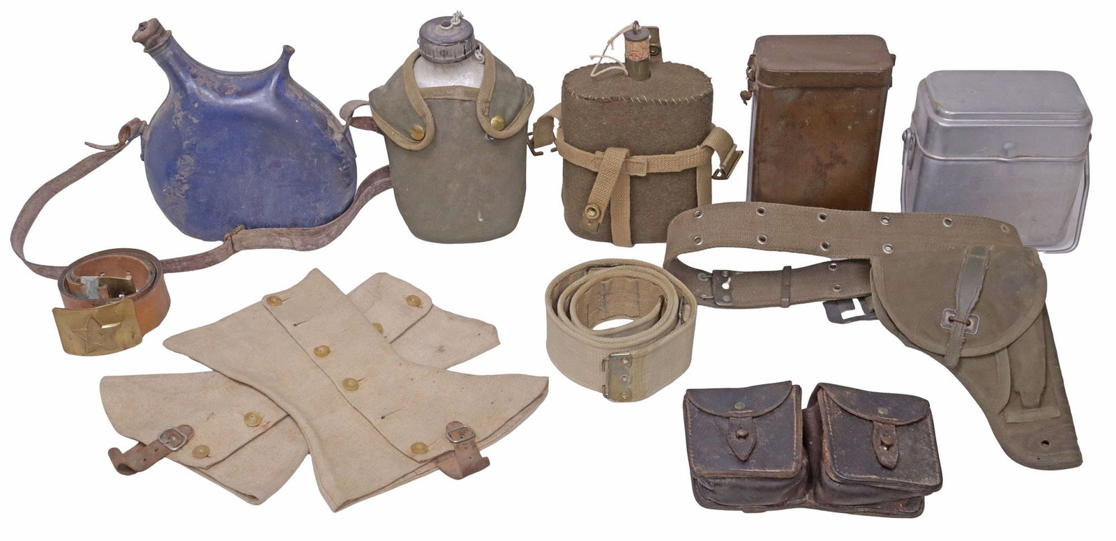 (11) EUROPEAN MILITARY ITEMS, WWI, WWII & POST WWII: (lot of 11) European military items: (1) French Model 1877 canteen, likely WWI 1915-1919 mfg. blue paint on metal, leather strap, finish loss; (1) British water bottle/canteen, cork and cap top on met