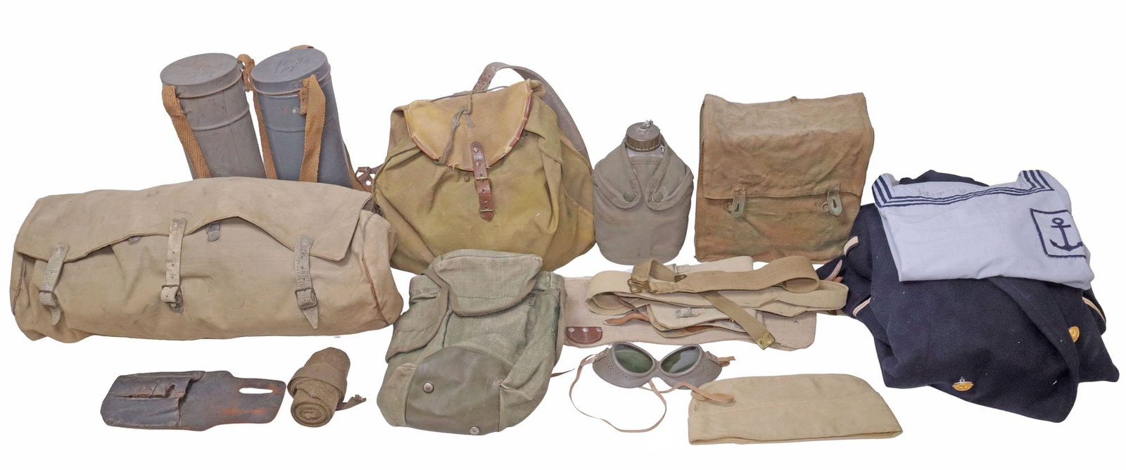 VINTAGE MILITARY RELATED PACKS, COAT, GAS MASKS, MORE, MOSTLY FRENCH,: (lot) Vintage Military Items; (2) French civilian WWII TC-38-TPT gas masks, each housed in the original cylindrical metal canister with filters; (1) Italian Model 33 gas mask, filters and backpack, al