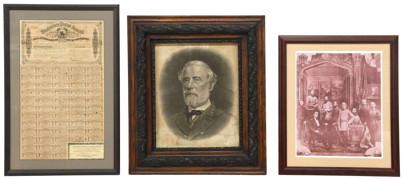 (3) CONFEDERATE RELATED ITEMS, $1000 BOND, LEE 1870 LITHO, GENERALS LITHO (1 of 7)