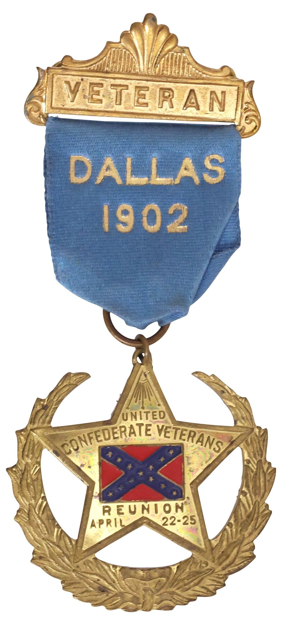 CONFEDERATE 1902 DALLAS REUNION RIBBON/BADGE, IDENTIFIED, EXCELLENT: Confederate Reunion ribbon with badge, a brass pin back reading "Veteran" above the blue ribbon with gilt lettering reading "Dallas1902", attached below is a brass wreath encompassing a brass star rea