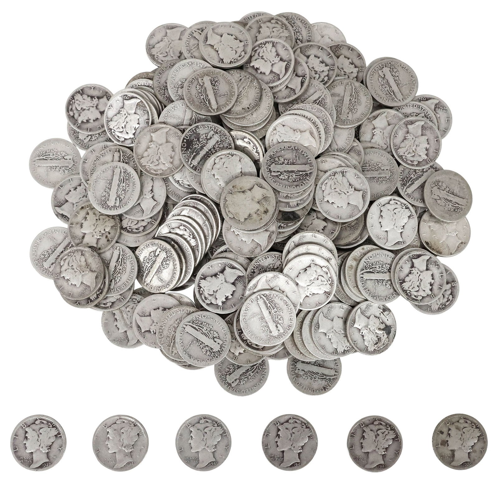 (250) U.S. MERCURY DIMES, APPROX. 18.73 OZ PURE SILVER: (approx. 250) U.S. Mercury Dimes, all circulated, no key dates, total weight approx. 20.81 ounces x 90% silver content = approx. 18.73 ounces pure silver