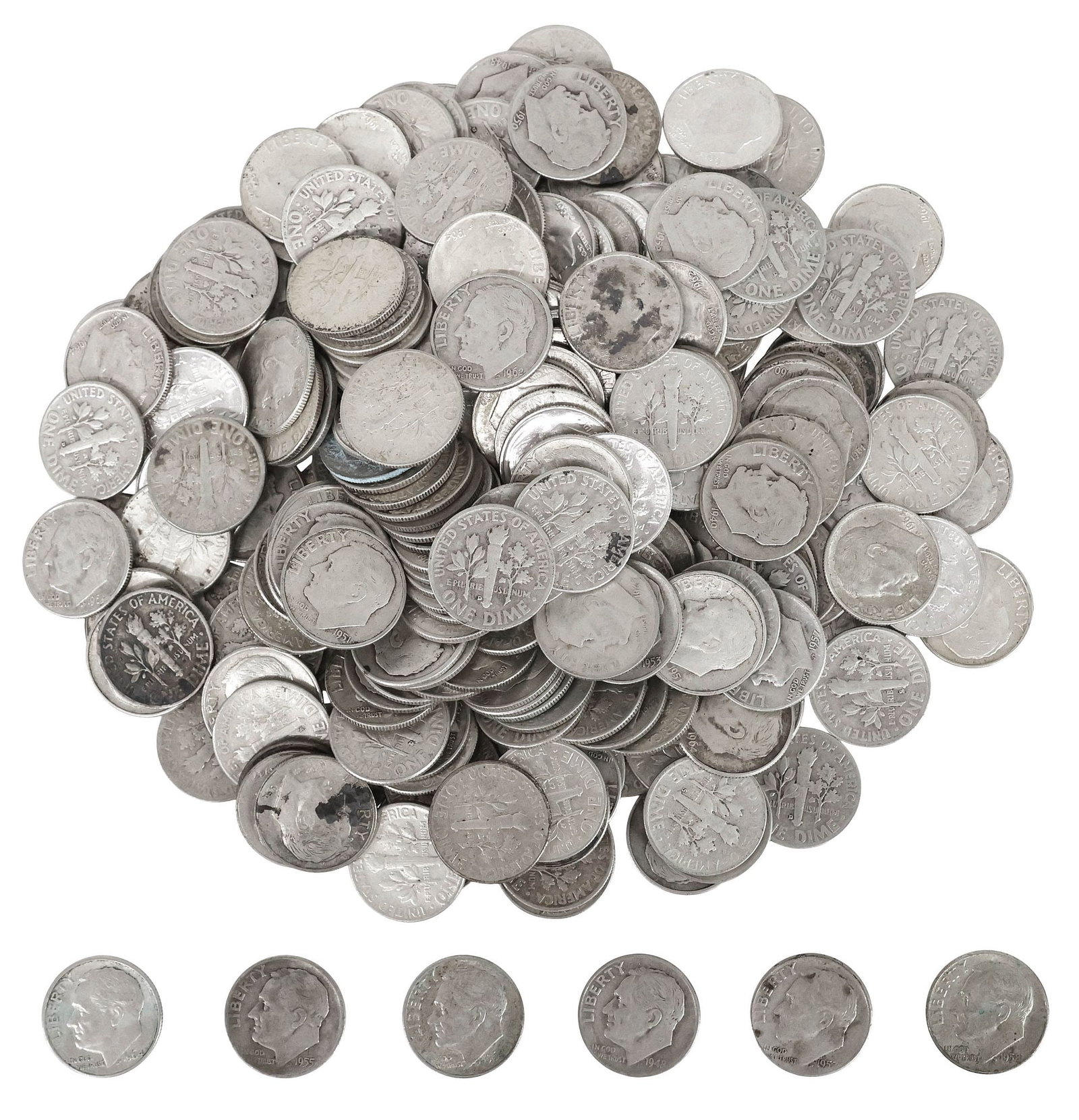 (243) ROOSEVELT PRE-1965 SILVER DIMES, APPROX. 19.46 PURE SILVER: (243) U.S. Roosevelt Dimes, all pre-1965, some 1961 appear uncirculated, all others circulated, total weight approx. 21.62 oz x .90= approx.19.46 oz pure silver