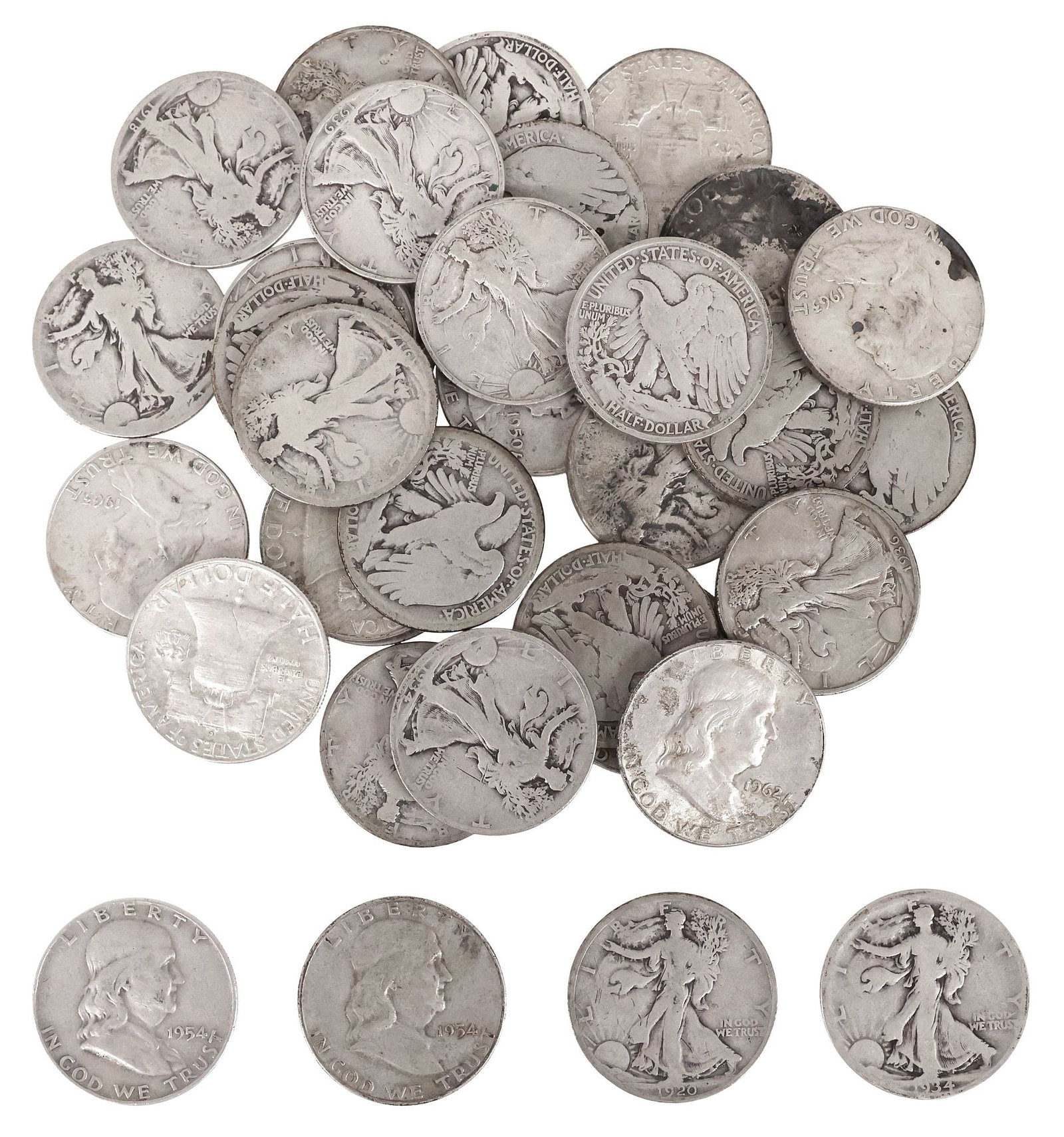 (34) U.S. 90% SILVER HALF DOLLARS, WALKING LIBERTY & FRANKLIN: (lot of 34) U.S. Walking Liberty & Franklin Half Dollars, all circulated: (1) 1917-S on reverse); (1) 1918-P; (1) 1919-D; (1) 1920-P; (1) 1920-S (2) 1923-S; (1) 1927-S; (1) 1934-P; (3) 1934-D; (1)