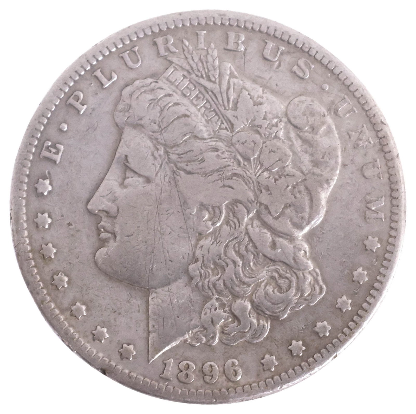 U.S. MORGAN SILVER DOLLAR, 1896-S: U.S. Morgan Silver Dollar, 1896-S, **NOTE: ALL JEWELRY & COIN LOTS REALIZING OVER $1,000 MUST BE PAID BY BANK WIRE**