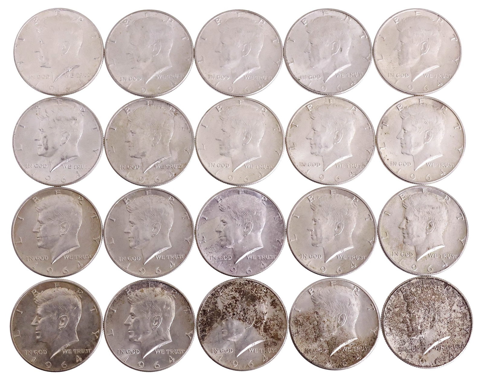(20) U.S. 1964 KENNEDY HALF DOLLARS: (lot of 20) U.S. 1964-P Kennedy Half Dollars, circulated