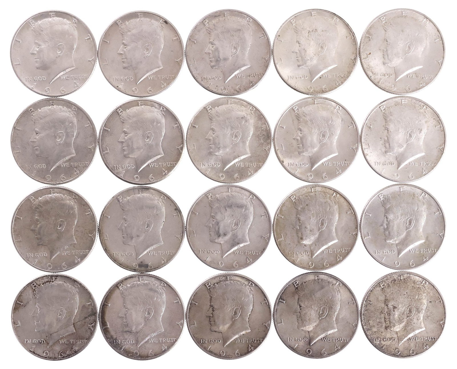 (20) U.S. 1964 KENNEDY HALF DOLLARS: (lot of 20) U.S. 1964-P Kennedy Half Dollars, circulated