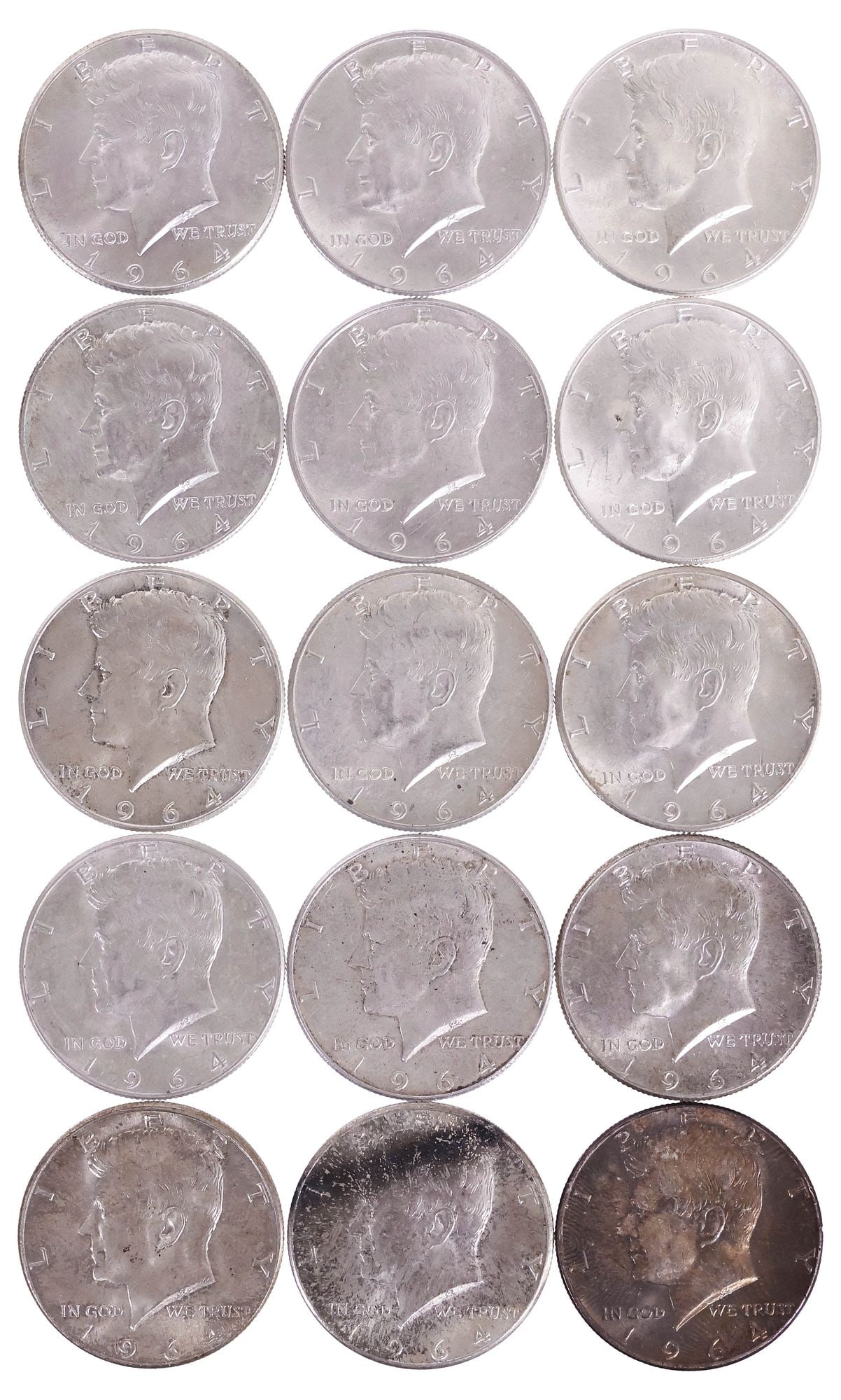 (15) U.S. 1964 KENNEDY HALF DOLLARS: (lot of 15) U.S. 1964-P Kennedy Half Dollars, circulated