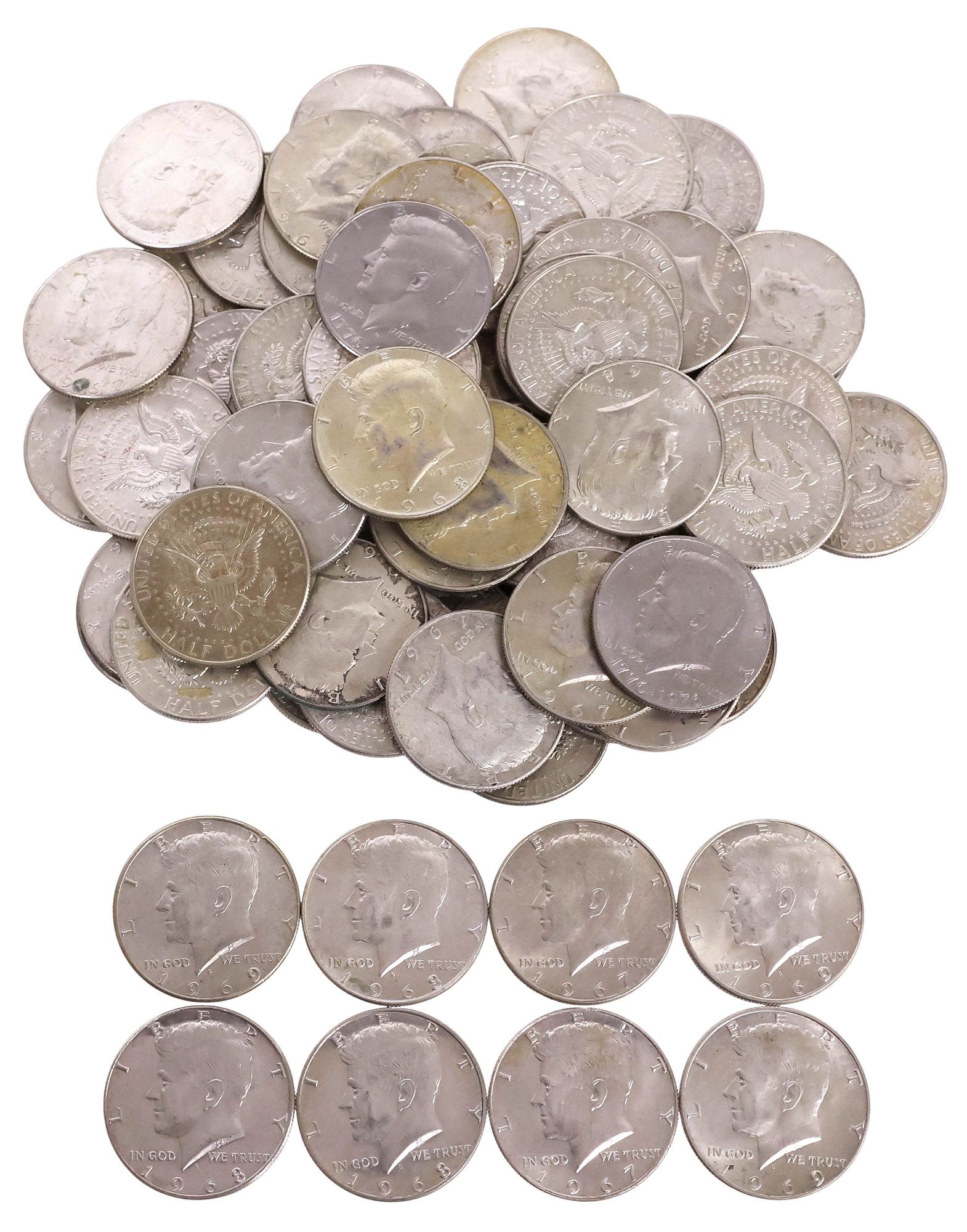 (70) U.S. KENNEDY HALF DOLLARS, 1965-1976: (lot of 70) U.S, Kennedy Half Dollars, mostly 1965-1969, a few 1976, all circulated