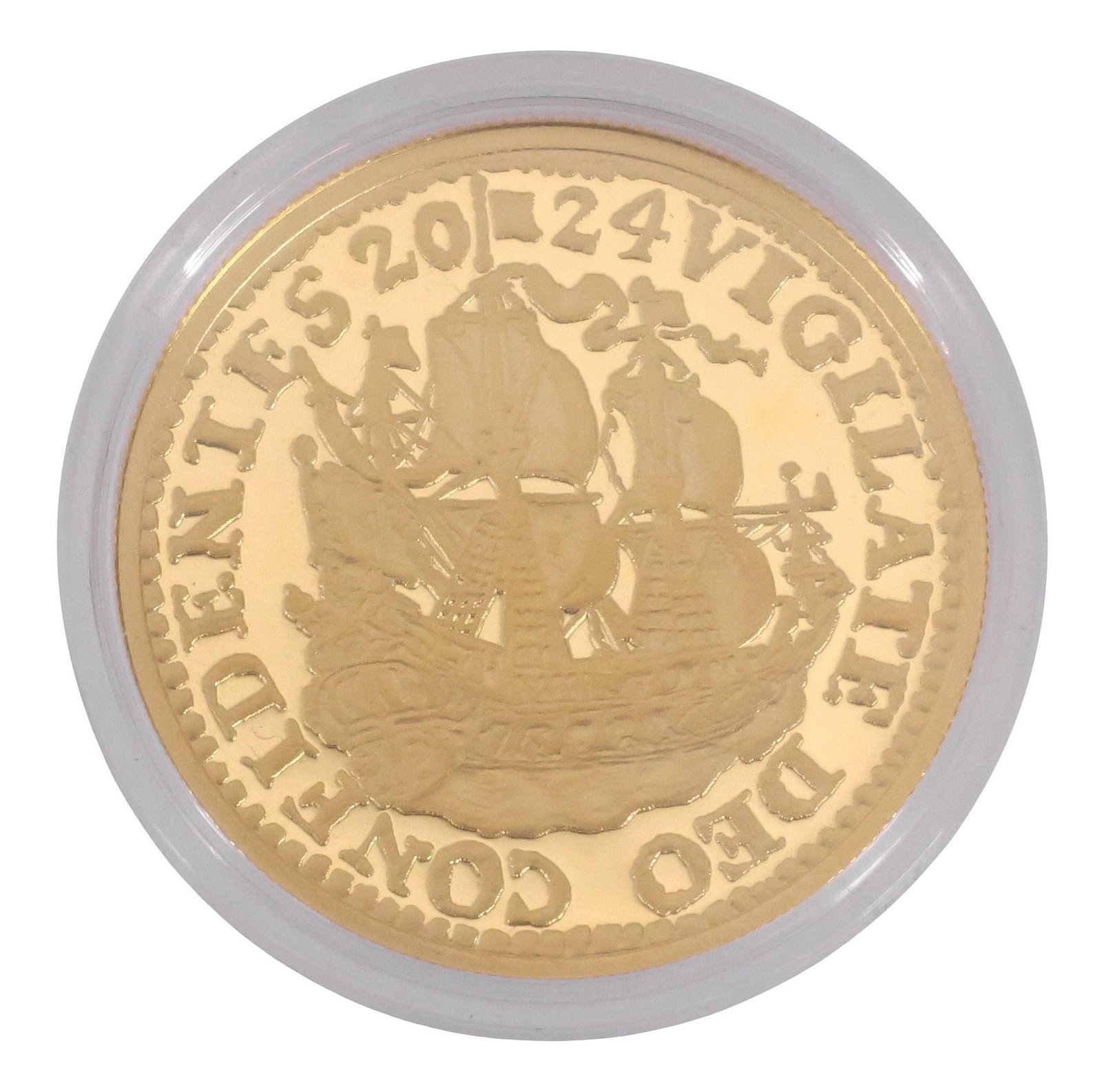 ROYAL DUTCH MINT REPLICA DISPLAY COIN: Royal Dutch Mint Replica 6 Stuiver Ship Shilling coin, the obverse showing the Dutch crown over a shield with two standing lions, the verso with a sailing ship and dated 2024, housed in a clear