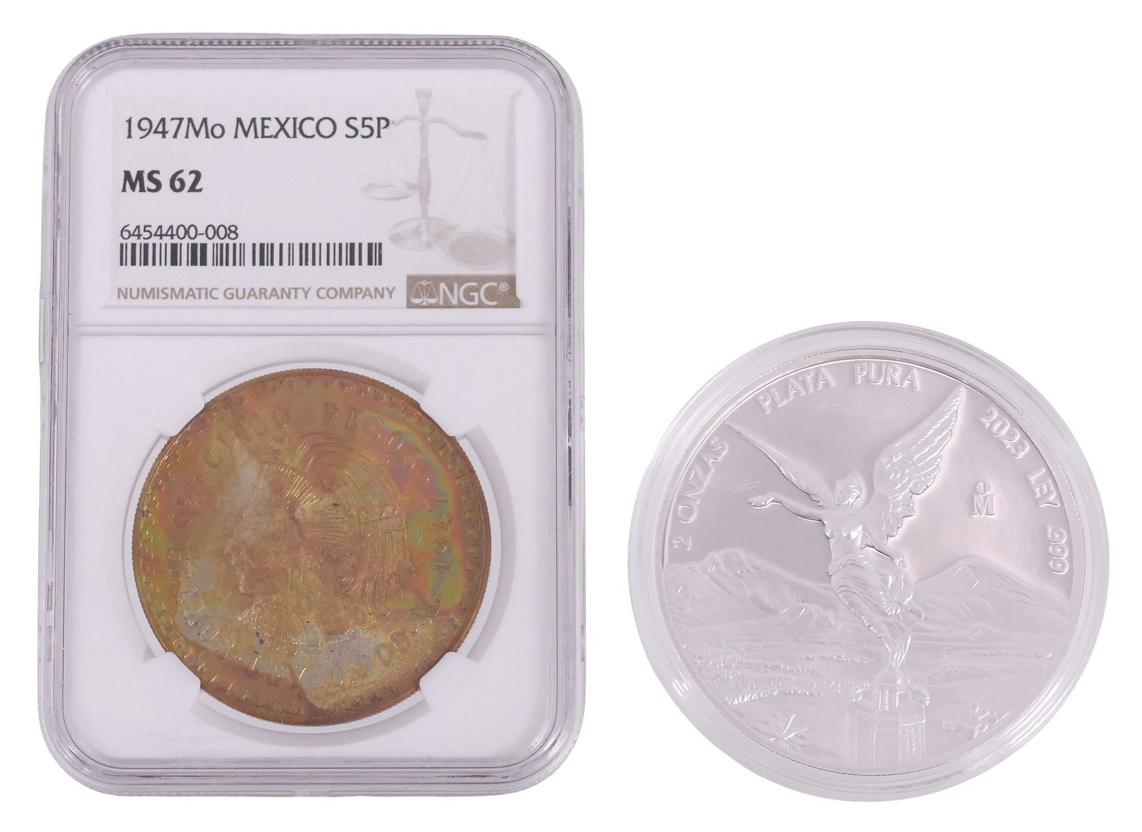 (2) MEXICO SILVER COINS, 2023 LIBERTAD 2 OUNCES & 1947 MS62 30 PESOS: (lot of 2) Mexico Silver Coins: (1) 2023 .999 silver 2 ounce Libertad coin, KM# 614, 48mm diam. .999 silver; (1) 1947 Five Pesos, .90 fine silver, KM# 4656, .8681 oz, NGC slab graded MS62 **NOTE: ALL