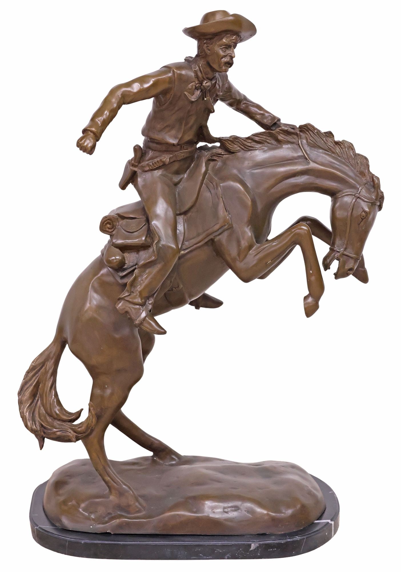 AFTER REMINGTON PATINATED WESTERN BRONZE SCULPTURE, 'BRONCO BUSTER' 36.5"H: Large Western patinated bronze sculpture, "Bronco Buster," after the original by Frederic Sackrider Remington (American, 1861-1909), on marble base, small chip to marble base, approx 36.5"h, 14.5"w,