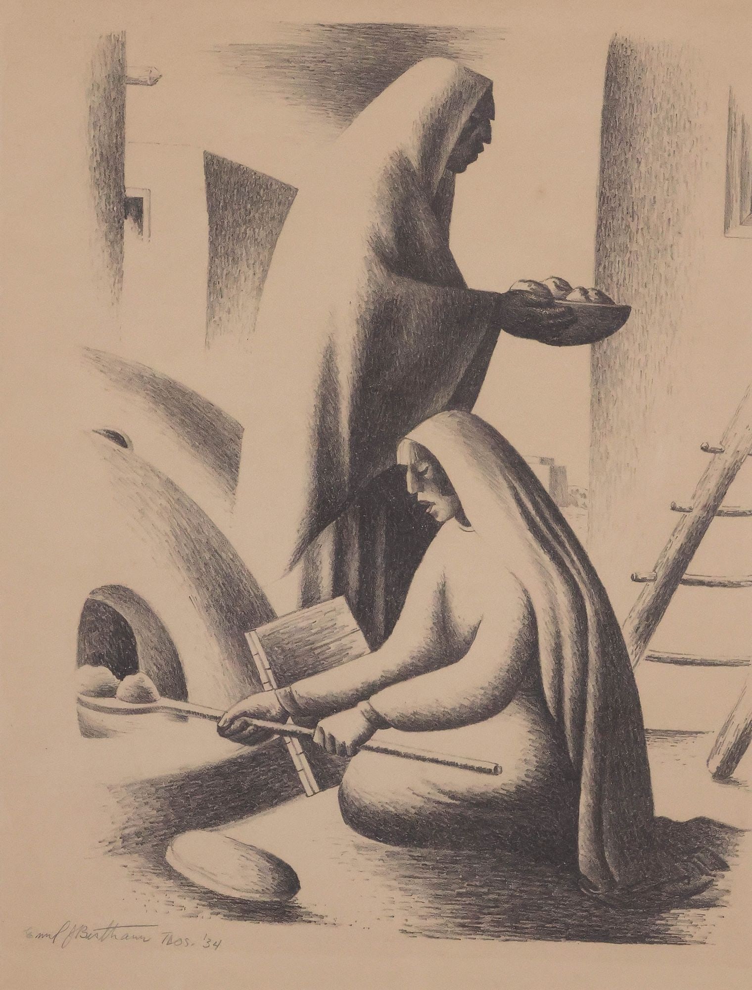 EMIL BISTTRAM (TAOS, NEW MEXICO, 1895-1976) LITHOGRAPH, 'INDIAN BREAD': Framed lithograph on paper, "Indian Bread," pencil signed lower left Emil Bisttram (Hungarian-American, active in Taos, New Mexico, 1895-1976), dated [19]34 and inscribed "Taos" beside signature,