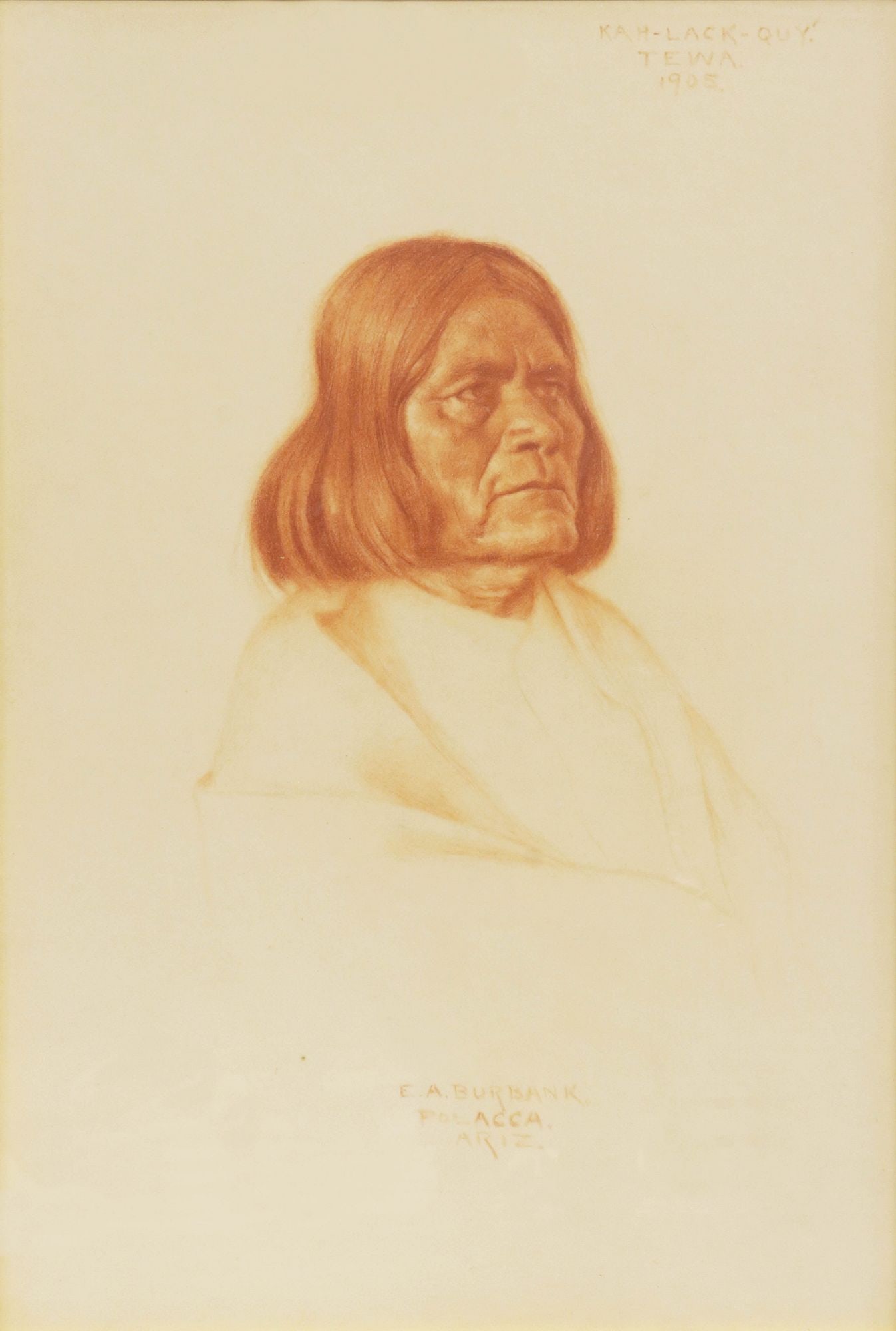ELBRIDGE AYER BURBANK (1858-1949) DRAWING, PORTRAIT OF A NATIVE AMERICAN: Framed red conte crayon drawing on paper, Portrait of Kah-Lack-Quy, Tewa, signed lower center E. A. Burbank (Elbridge Ayer Burbank, American, 1858-1949), titled upper right, dated 1905, inscribed