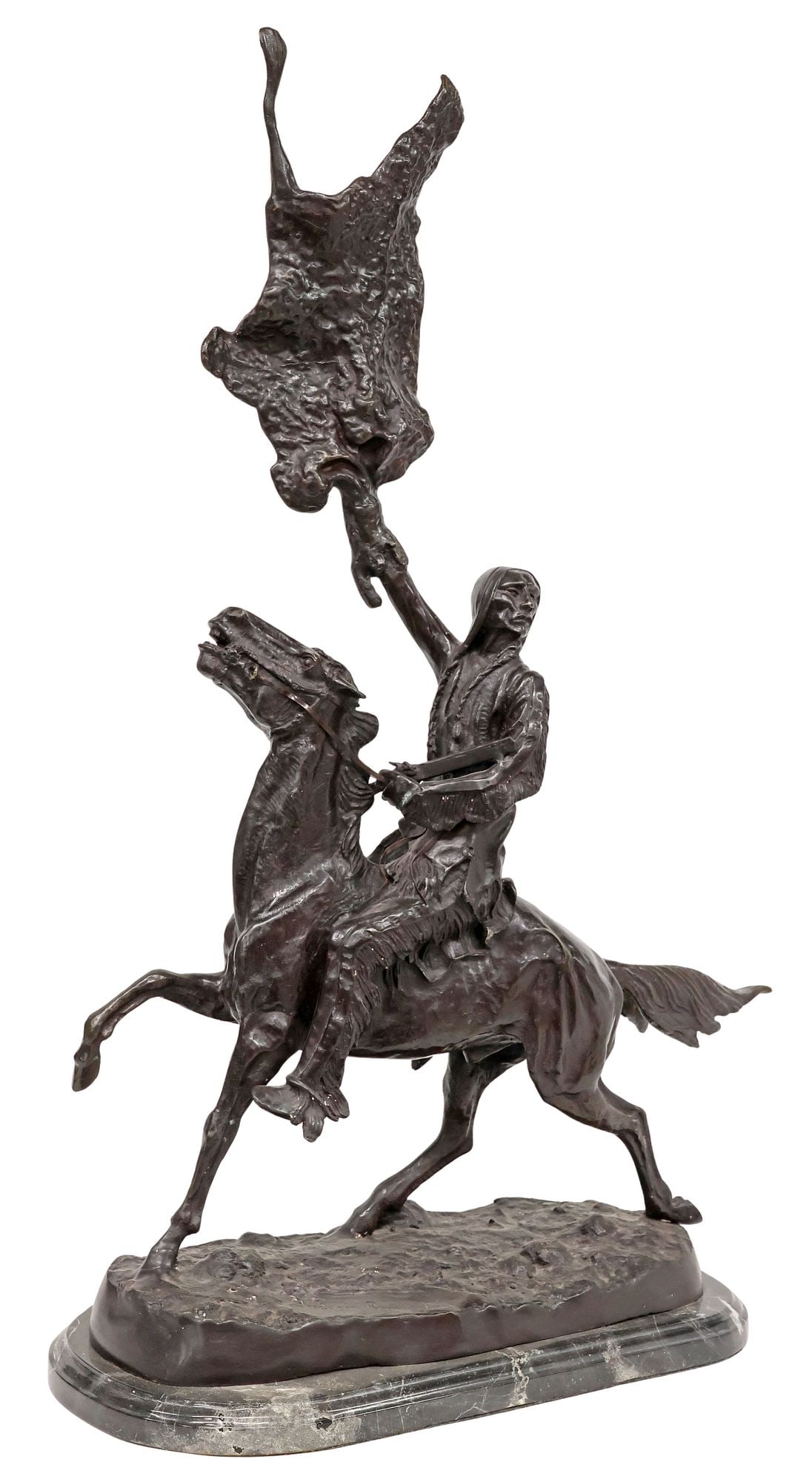 AFTER FREDERIC REMINGTON BRONZE SCULPTURE, 'BUFFALO SIGNAL,' 36"H: Large Western patinated bronze sculpture, "Buffalo Signal," signed in cast after Frederic Remington (American, 1861-1909), on an ovular marble plinth, overall: approx 36"h, 24.5"w, 10"d, 48.5lbs