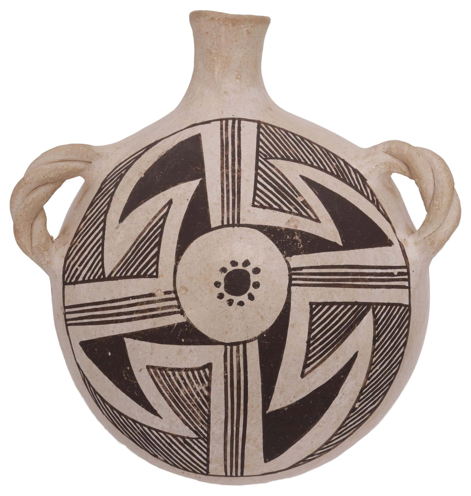 MARIE Z. CHINO (1907-1982) ACOMA PUEBLO POTTERY CANTEEN & STAND: Native American pottery canteen, Marie Zieu Chino (Acoma Pueblo, active in New Mexico, 1907-1982), having narrow flared spout and dual braided twist handles, slip-decorated geometric design, signed un