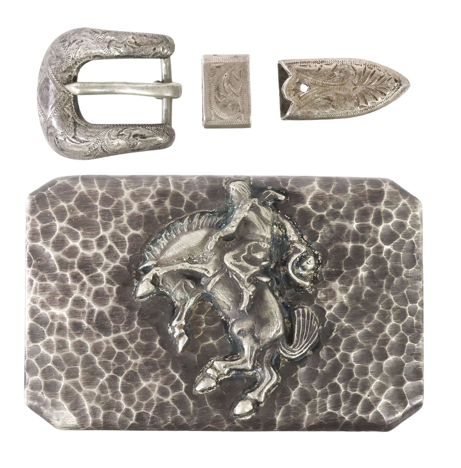 (2) BOHLIN STERLING SILVER BELT BUCKLE & RANGER SET: (lot of 2) Western silver buckle and set, Edward Bohlin, Hollywood, California, each with engraved foliate design, hallmarked sterling silver, comprising: (1) sterling silver buckle with bronze overla