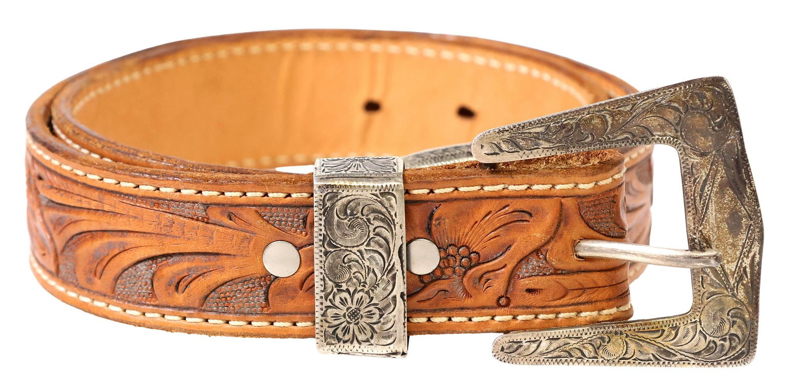 BOHLIN STERLING SILVER RANGER THREE-PIECE BUCKLE SET ON TOOLED LEATHER BELT: Western three-piece sterling silver ranger belt buckle set, Edward H. Bohlin, Hollywood, CA, comprising (one) buckle, (one) keeper, (one) tip, each with scrolled motifs, full marks, buckle: approx 2 1