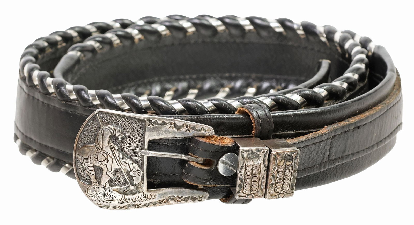 RANDY SHORTY NAVAJO STERLING SILVER 'END OF TRAIL' BUCKLE ON STITCHED LEATHER BELT (1 of 8)