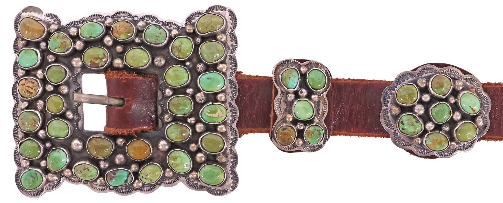 DANIEL MARTINEZ NAVAJO STERLING SILVER & TURQUOISE CONCHO BELT: Native American sterling silver and turquoise concho belt, buckle signed DM (Daniel Martinez, Navajo/ Dine, 20th c.), shaped buckle with bold stampwork trim, ten bow-shaped conchos interspersed with n