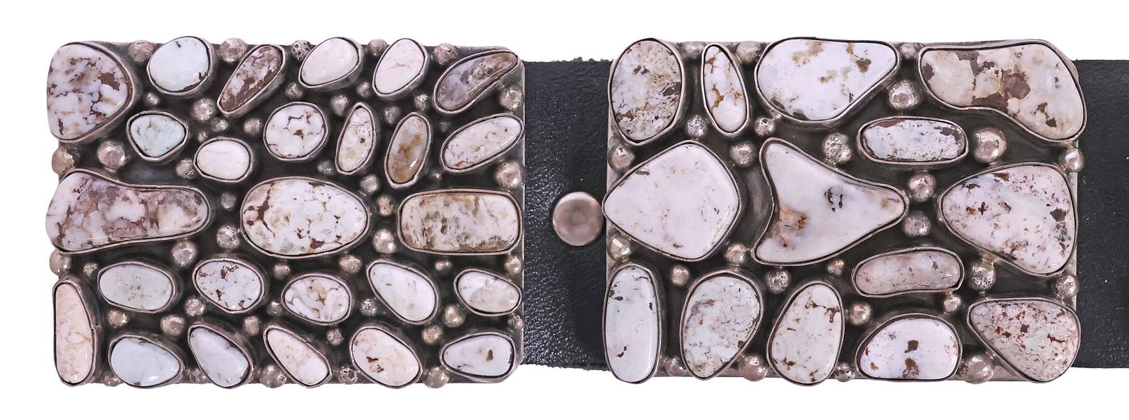 IMPRESSIVE FRED GUERRO (1934-2020) NAVAJO SILVER & WHITE STONE CONCHO BELT, 967 GRAMS: Native American silver (content unknown) and white gemstone concho belt, likely white buffalo turquoise or wild horse magnesite, buckle signed Fred Guerro (Navajo/ Dine, 1934-2020), nine rectangular c