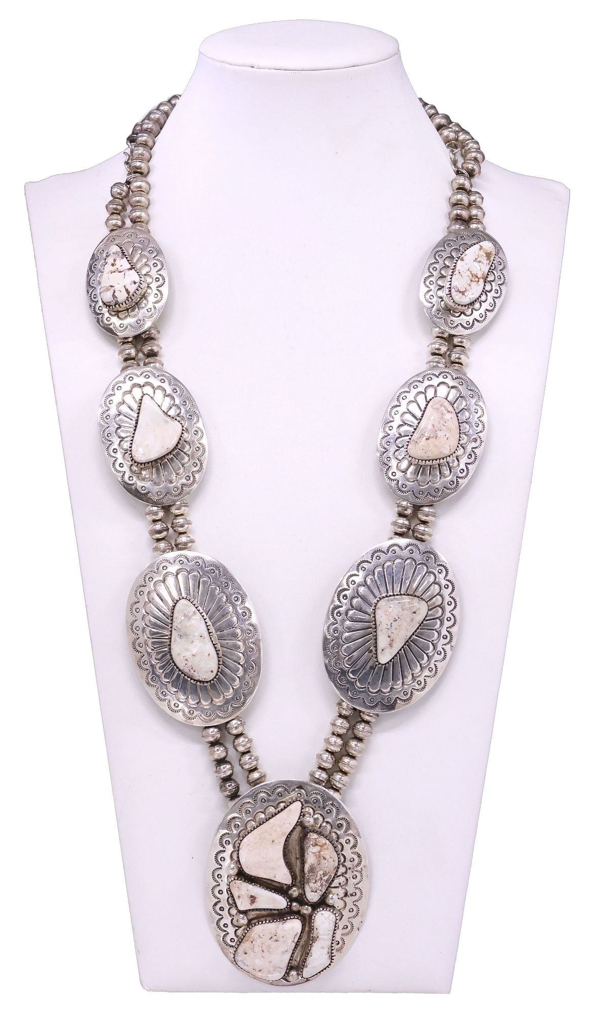 IMPRESSIVE TIM GUERRO (NAVAJO, 20TH C.) STERLING & WHITE GEMSTONE CONCHO NECKLACE (1 of 8)