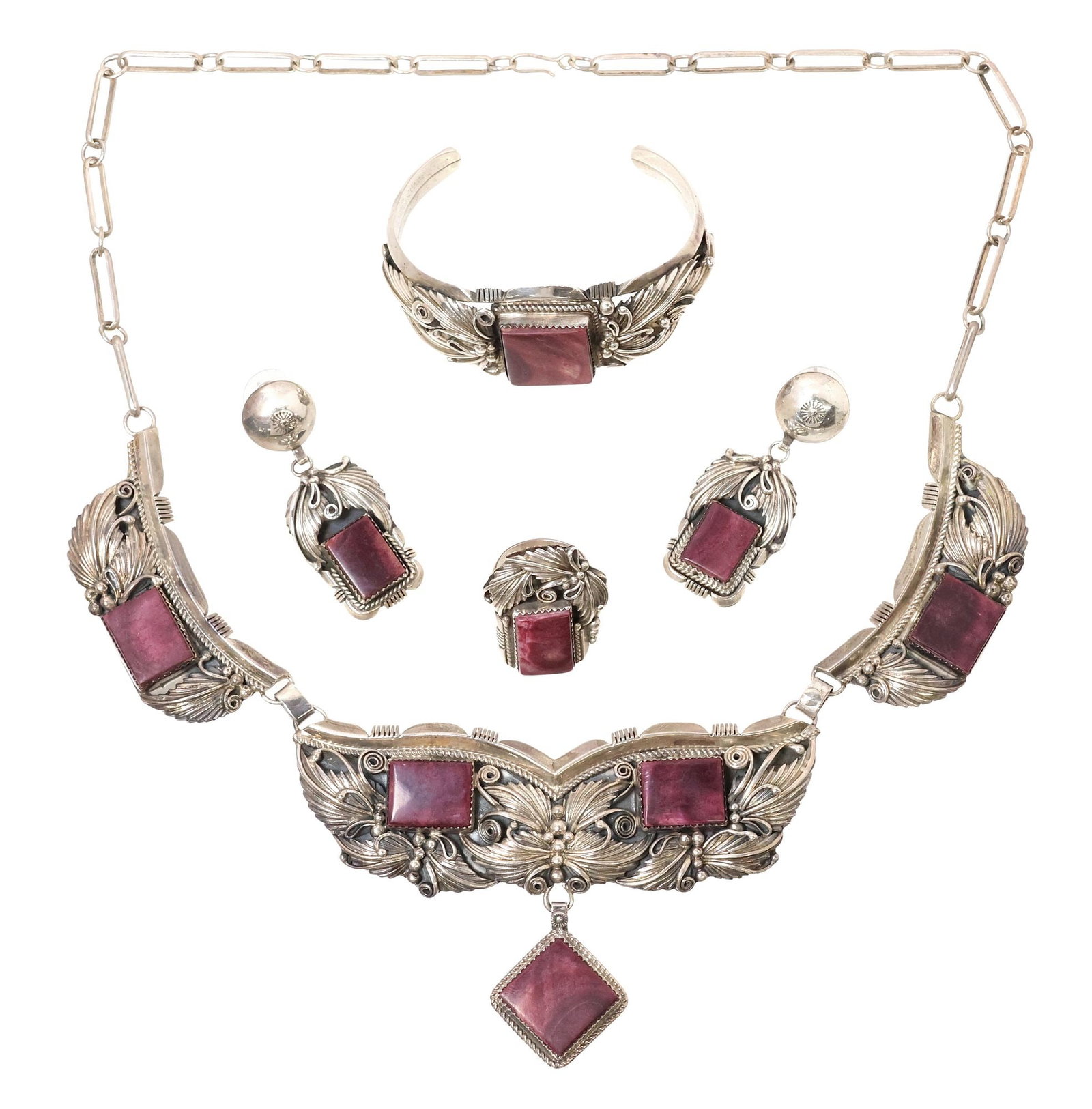(4) LARRY MARTINEZ CHAVEZ (NAVAJO, 20TH C.) STERLING & SPINY OYSTER JEWELRY SUITE (1 of 17)