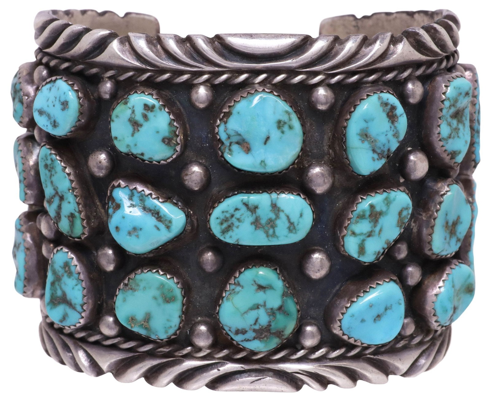 HEAVY SIGNED C.W. NATIVE AMERICAN NAVAJO STERLING & TURQUOISE CUFF, 153.9 GRAMS (1 of 4)
