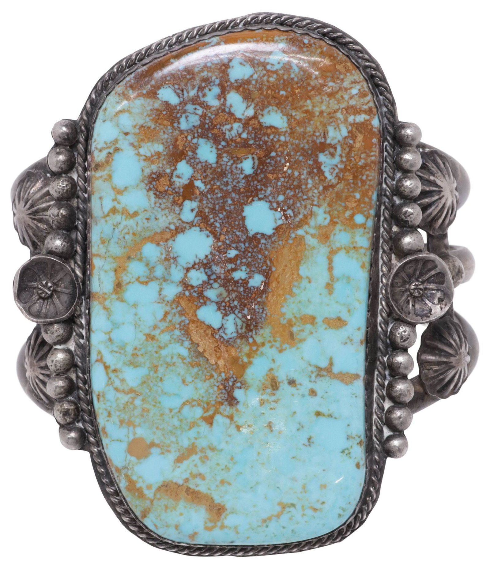 LARGE NATIVE AMERICAN STERLING SILVER & TURQUOISE CUFF BRACELET: Large Native American sterling silver and turquoise cuff bracelet, large bezel-set turquoise cabochon, framed by rope trim, with beaded accents and floral motifs, on a split shank cuff, marked sterlin