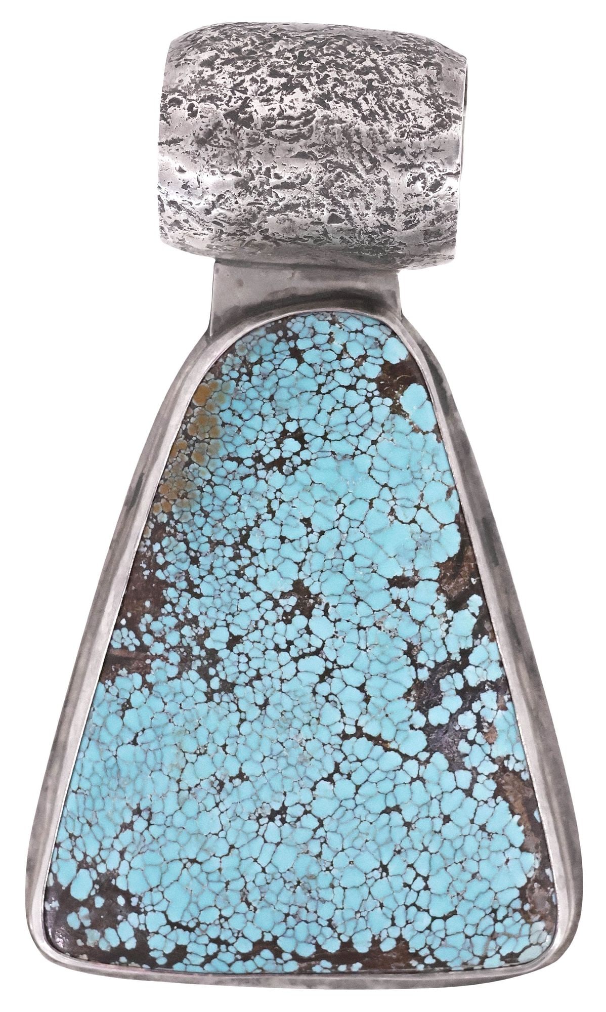 IMPRESSIVE NATIVE AMERICAN STERLING & TURQUOISE PENDANT, 96.8 GRAMS: Large Native American sterling silver pendant, having barrel-from tufa cast bail, suspending large, triangular turquoise plaque with spiderweb inclusions, marked sterling, stone: approx 3"l, 2 5/8"w, 