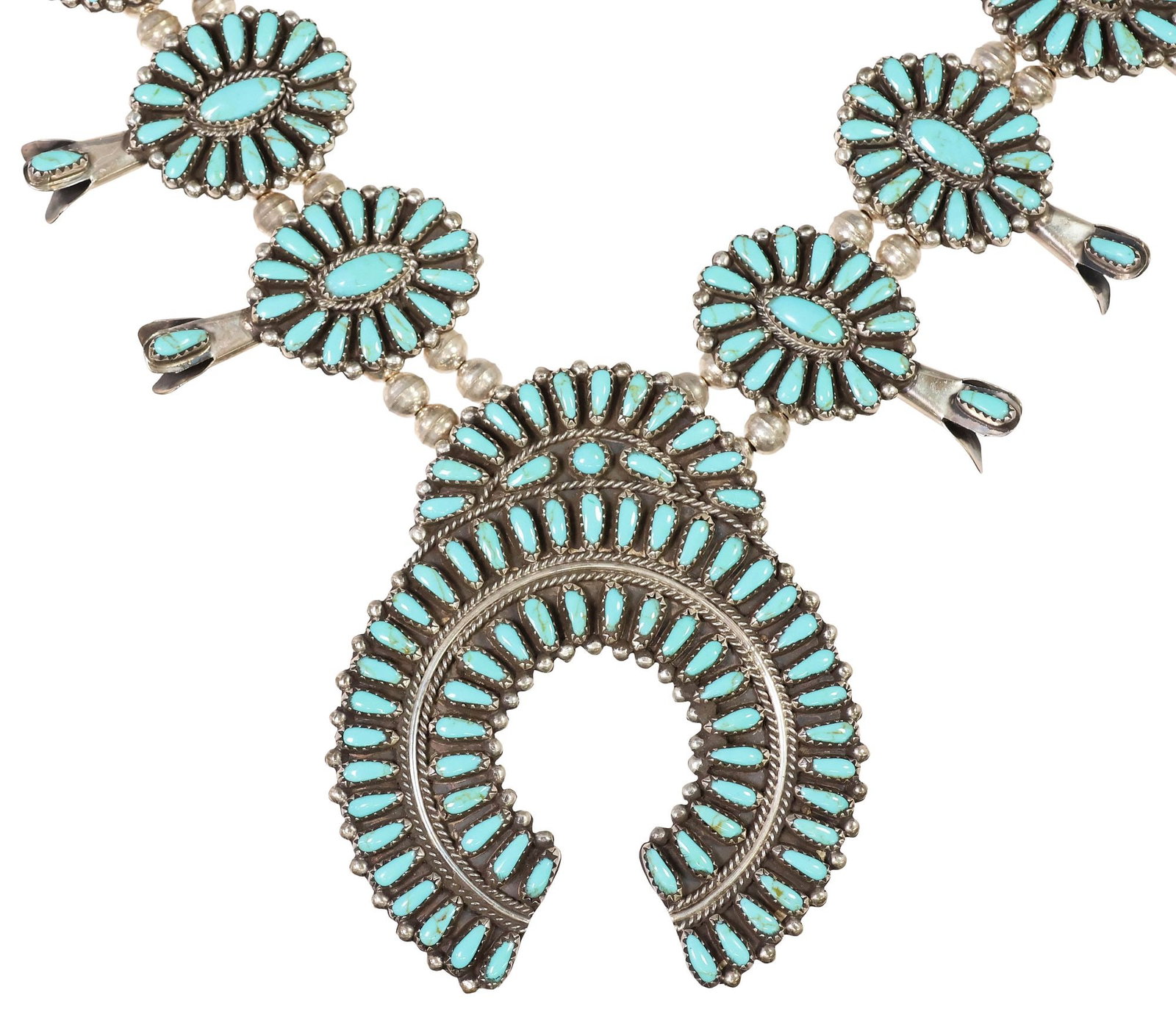 HARRISON BITSUI NAVAJO STERLING & TURQUOISE SQUASH BLOSSOM NECKLACE (1 of 4)