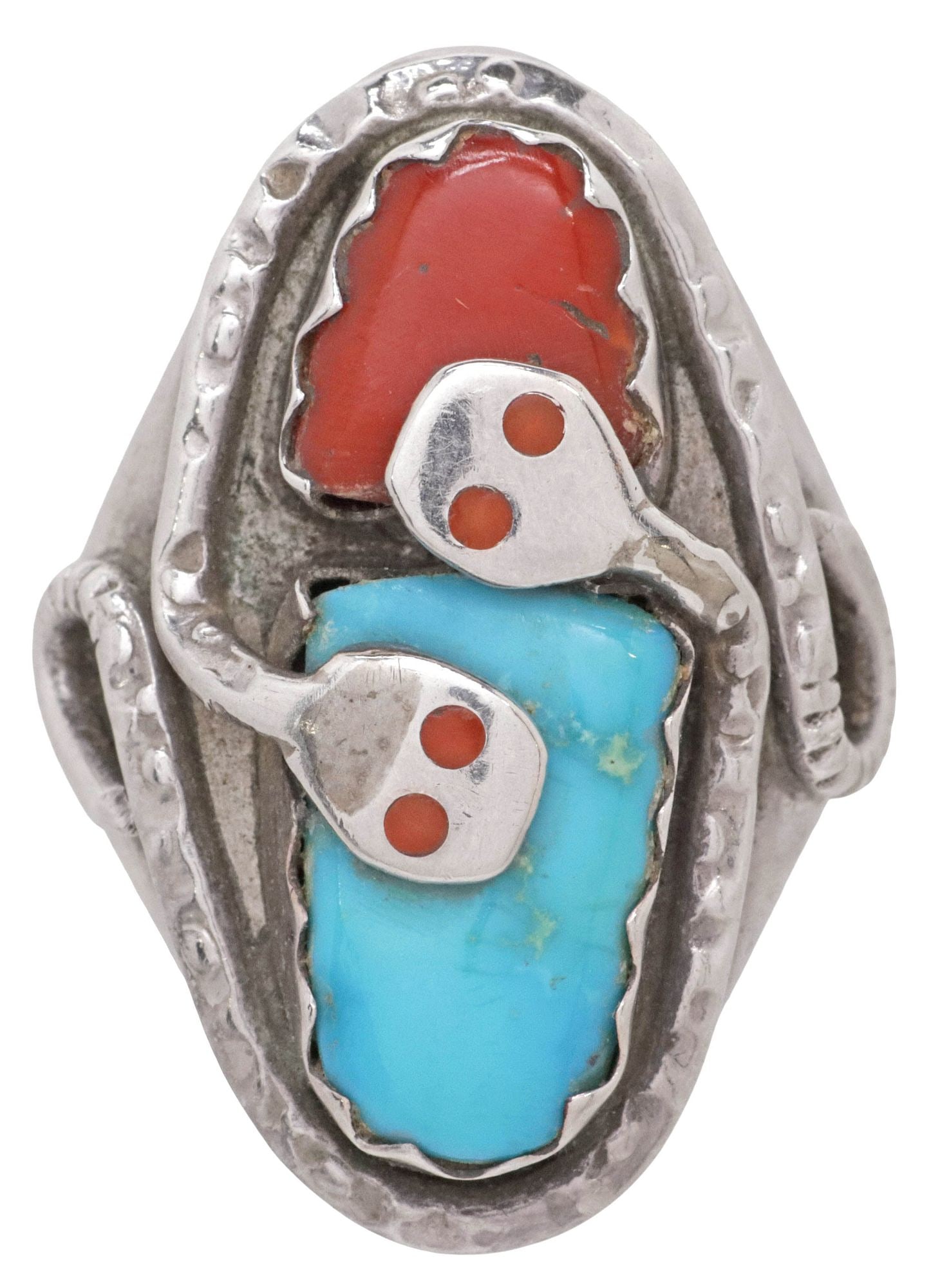 EFFIE CALAVAZA (B.1928) ZUNI NATIVE AMERICAN TURQUOISE DOUBLE SNAKE RING: Native American silver (content unknown) snake ring, signed Effie C. (Effie Calavaza, Zuni Pueblo, b.1928), a pair of entwined serpents, over turquoise and red coral insets, held by serrated bezels, p