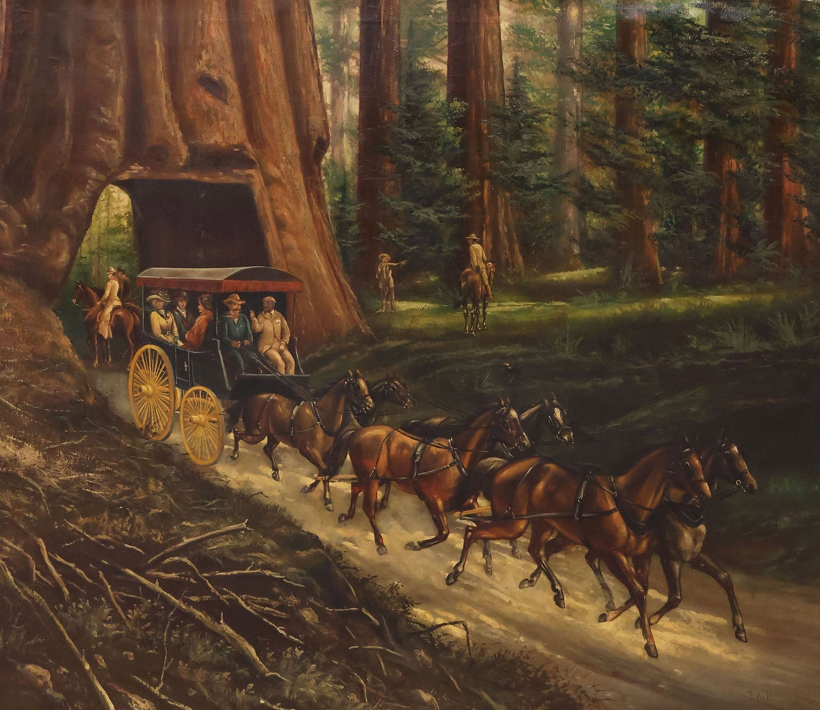 THOMAS HILL (1829-1908) PAINTING, STAGECOACH AT YOSEMITE TREE TUNNEL, 39" X 45": Framed oil on canvas painting, Stagecoach Passing Through Yosemite Tree Tunnel, signed lower right T. Hill (Thomas Hill, British-American, 1829-1908), additional pencil signature on back stretcher, pr