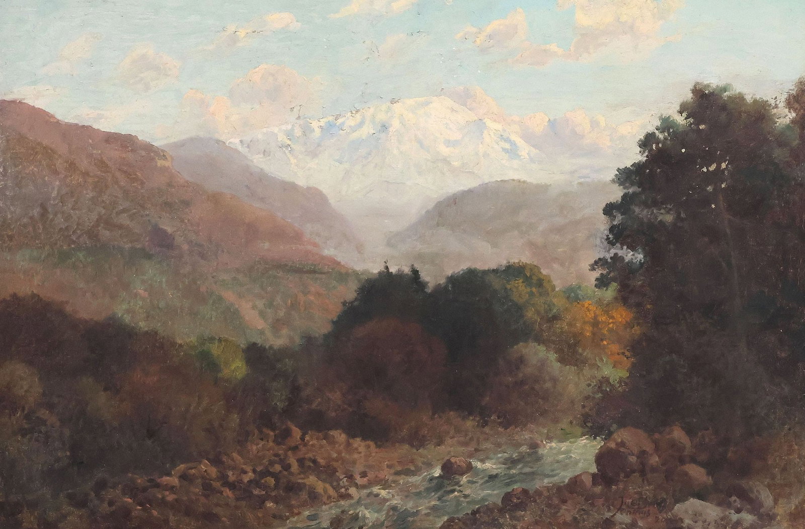 J. LEBRUN JENKINS (AMERICAN, 1876-1952) PAINTING, MOUNTAIN LANDSCAPE: Framed oil on canvas painting, Mountain Landscape with Stream, signed lower right J. LeBrun Jenkins (American, 1876-1952), dated [19[20, canvas relined with wax, sight: approx 29.5"h, 29.5"w, overall: