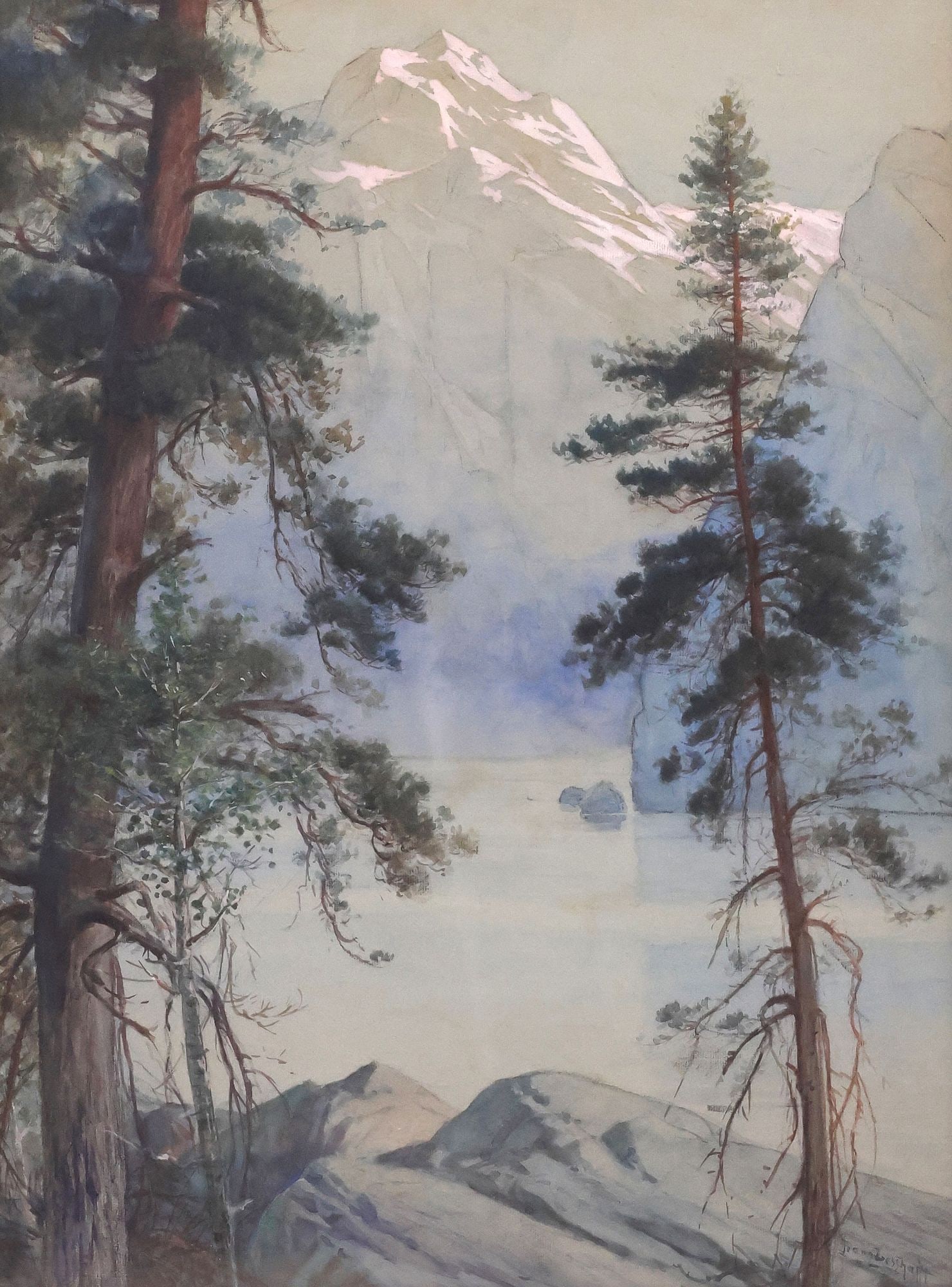 FRANZ LESSHAFFT (19TH C.) WATERCOLOR PAINTING, ECHO LAKE LANDSCAPE: Framed watercolor painting on paper, Echo Lake, signed lower right Franz Lesshafft (German-American, 19th c.), retaining metal title plaque at lower center, sight: approx 23.5"h, 17.25"w, overall: app