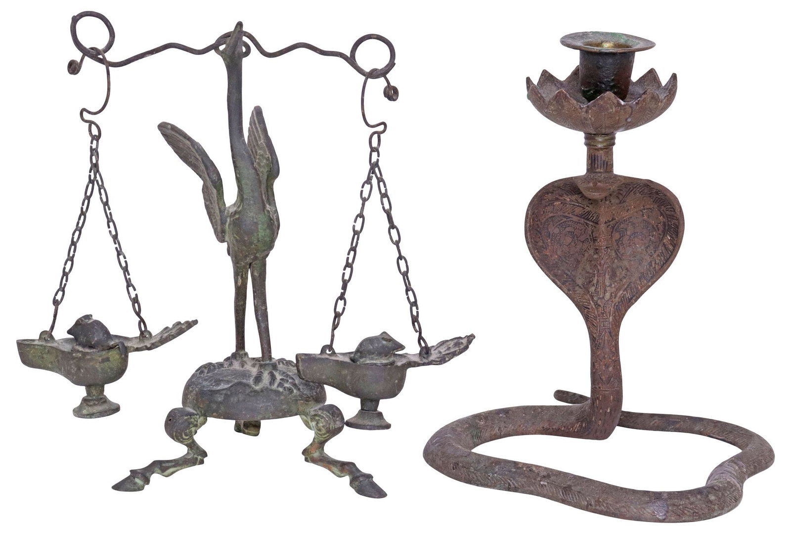 (2) GRAND TOUR / POMPEII STYLE BRONZE COBRA CANDLESTICK & CRANE OIL LAMP: (lot of 2) Grand Tour style patinated bronze table articles, including: (1) candlestick, in the form of a striking serpent, supporting floriform bobeche and urn-form candle cup, approx 8"h, 6.5"w, 7.7