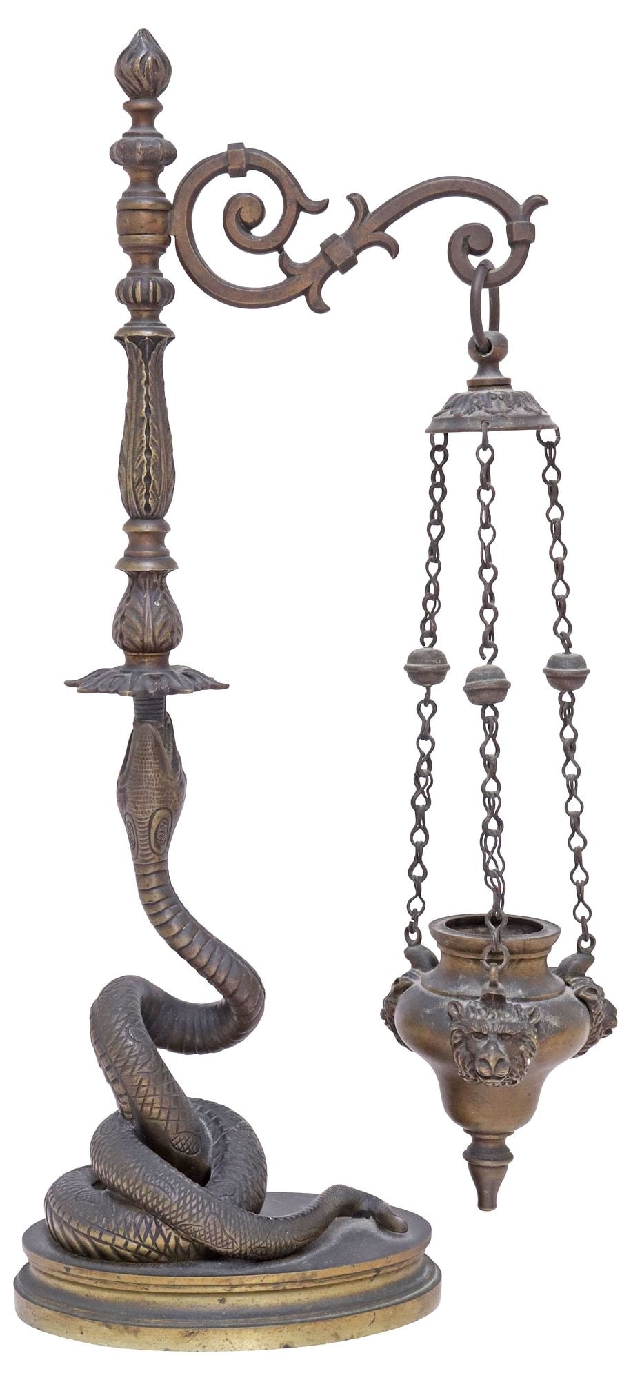 ITALIAN GRAND TOUR STYLE PATINATED BRONZE SERPENT OIL LAMP: Italian Grand Tour style patinated bronze figural oil lamp, in the form of a coiled snake holding turned-form standard aloft, scrolled arm issuing urn-form basin with protruding lion mask motifs, on o