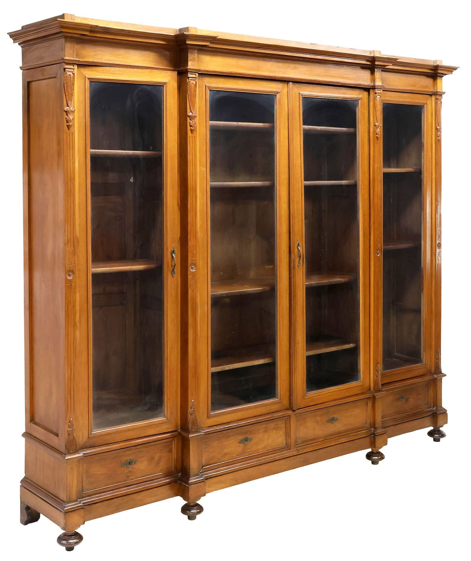 FRENCH LOUIS PHILIPPE WALNUT BREAKFRONT DISPLAY BOOKCASE, 90.5"H (1 of 5)