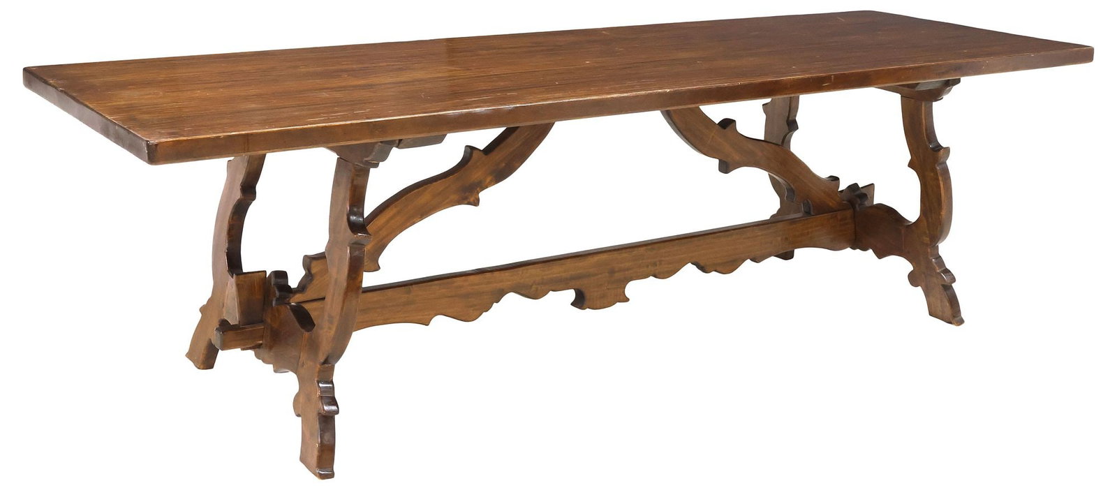 ITALIAN BAROQUE STYLE CARVED WALNUT TRESTLE DINING TABLE, 110.5"L (1 of 4)